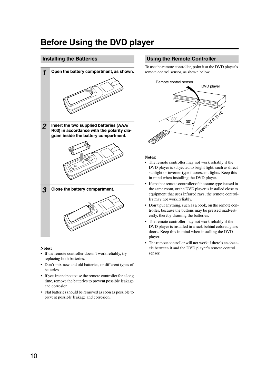 Onkyo DVSP406B, DV-SP406 Before Using the DVD player, Installing the Batteries, Using the Remote Controller 