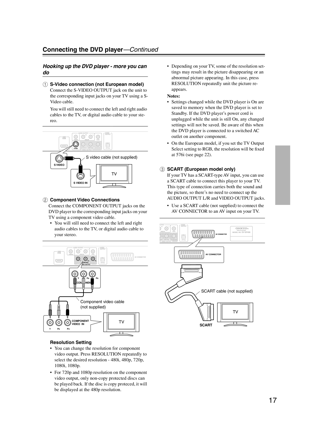 Onkyo DV-SP406 Hooking up the DVD player more you can, Video connection not European model, Scart European model only 