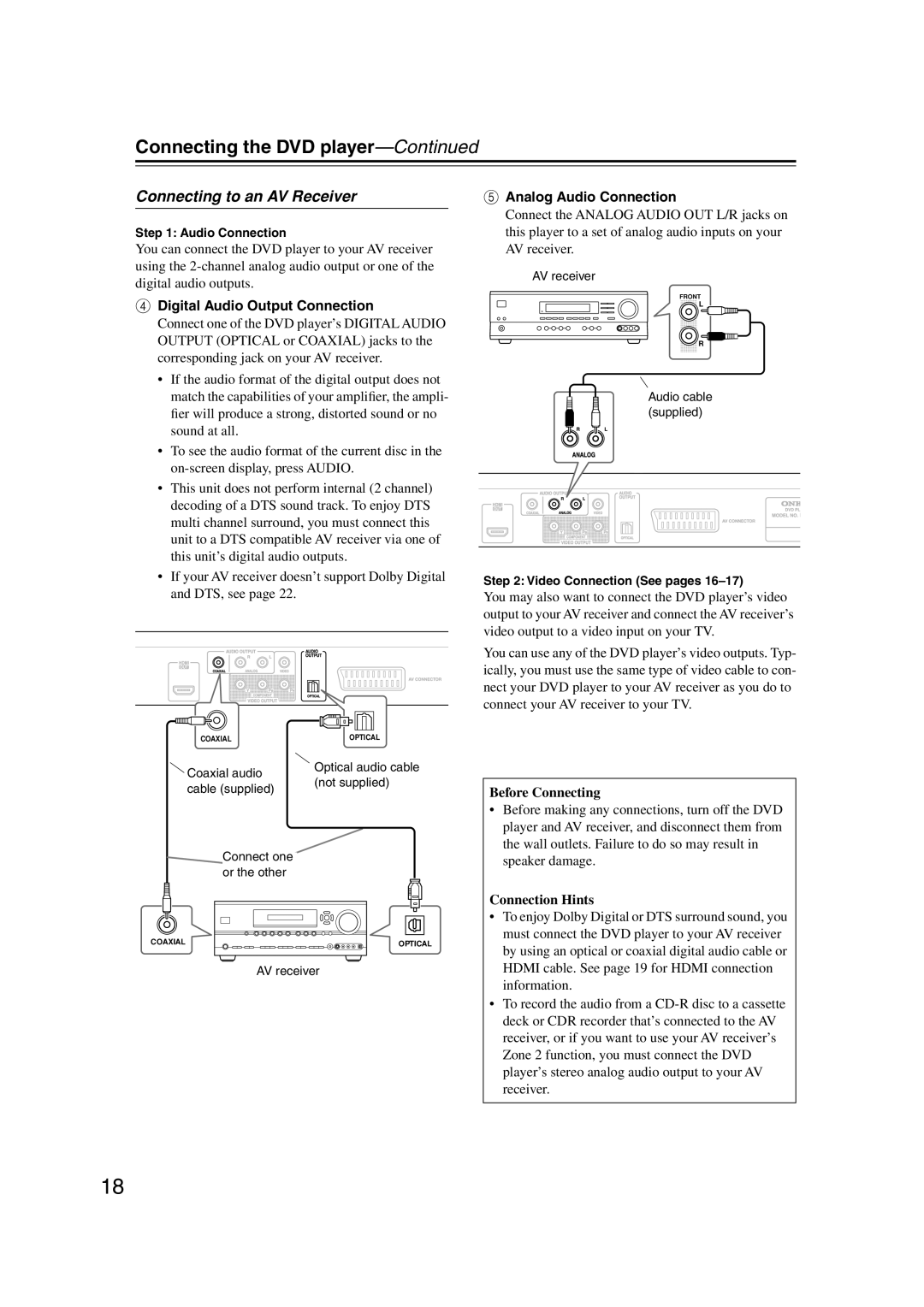 Onkyo DVSP406B Connecting to an AV Receiver, Analog Audio Connection, Digital Audio Output Connection, Before Connecting 