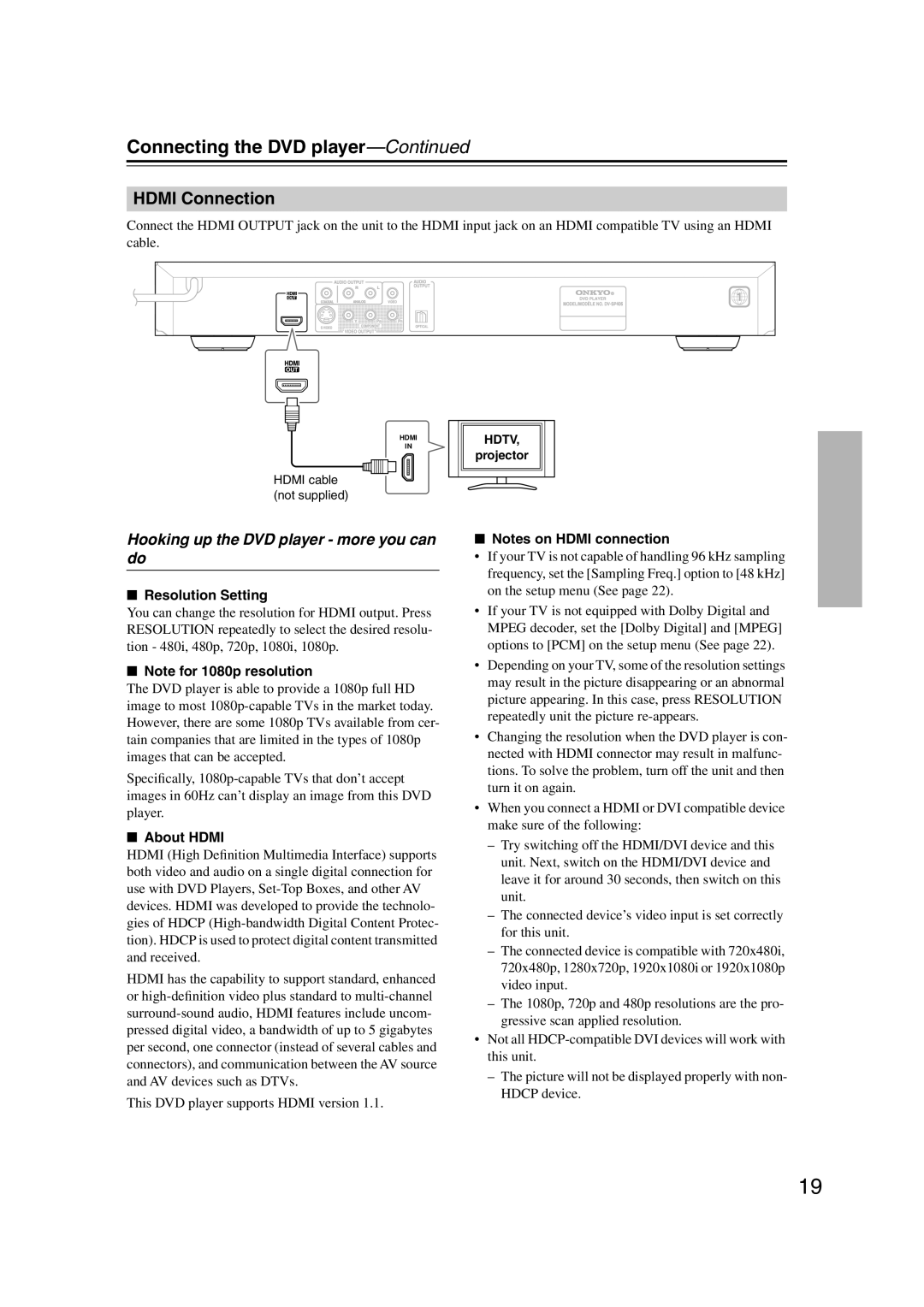 Onkyo DV-SP406, DVSP406B instruction manual Hdmi Connection, Hooking up the DVD player more you can do, About Hdmi 