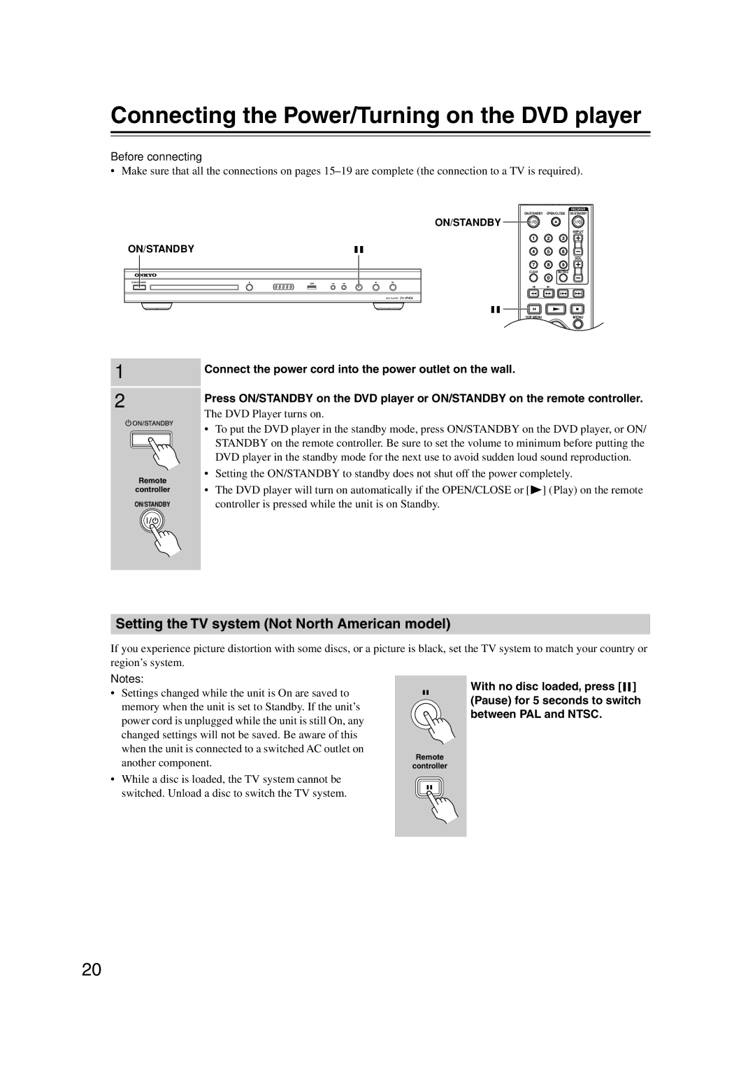 Onkyo DVSP406B, DV-SP406 Connecting the Power/Turning on the DVD player, Setting the TV system Not North American model 