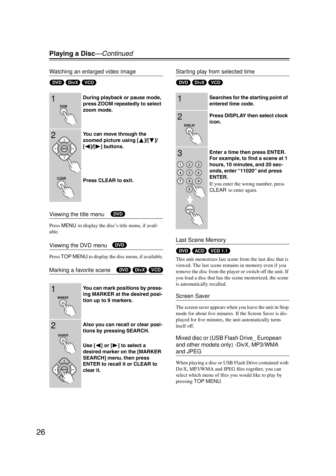 Onkyo DVSP406B Watching an enlarged video image, Viewing the title menu DVD, Viewing the DVD menu DVD, Last Scene Memory 