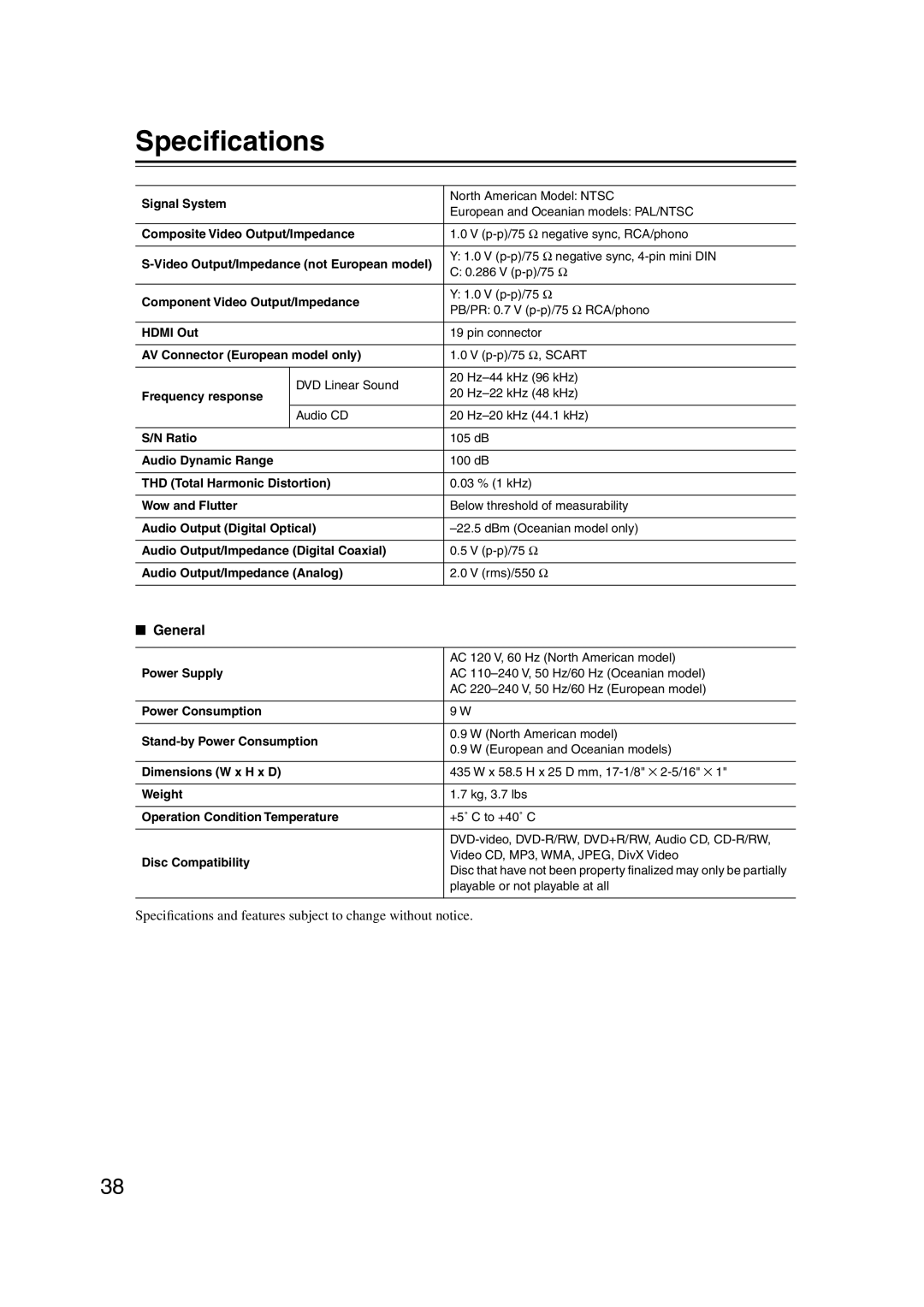 Onkyo DVSP406B, DV-SP406 instruction manual General, Speciﬁcations and features subject to change without notice 