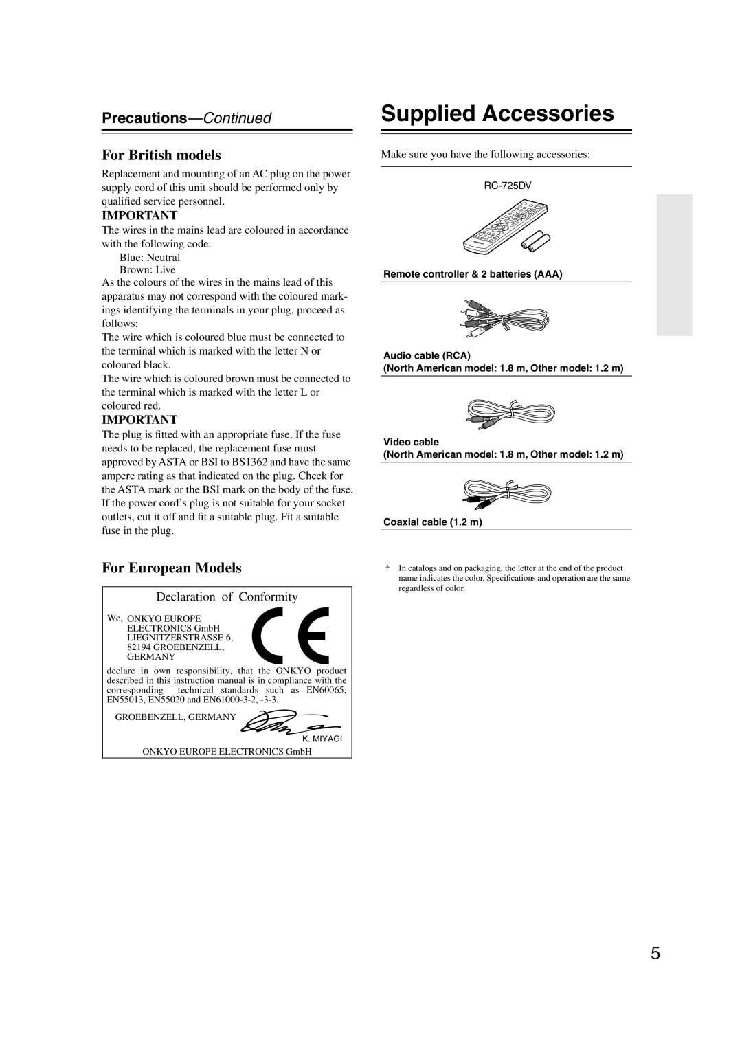 Onkyo DV-SP406, DVSP406B instruction manual Supplied Accessories, Make sure you have the following accessories 