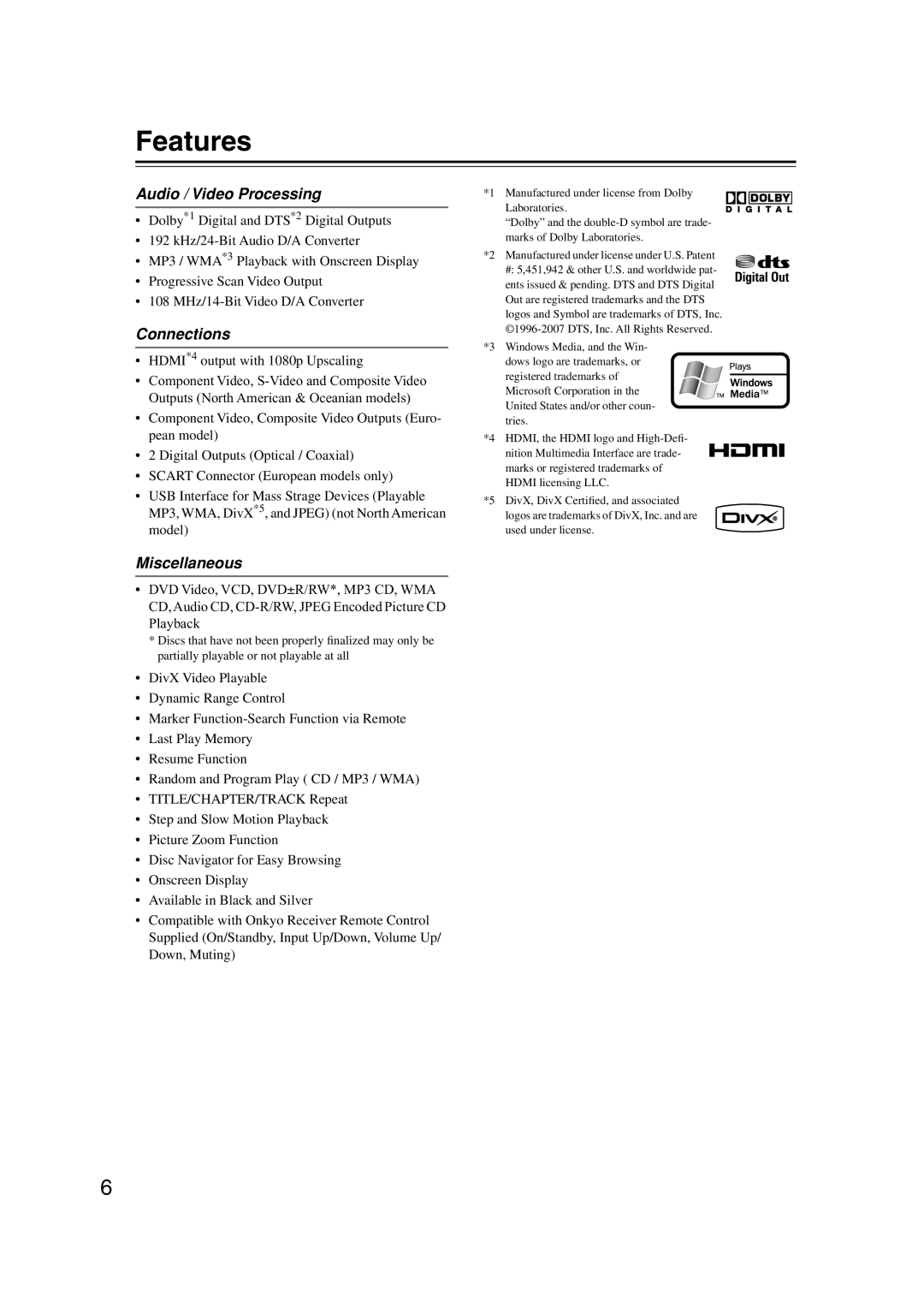 Onkyo DVSP406B, DV-SP406 instruction manual Features, Audio / Video Processing, Connections, Miscellaneous 