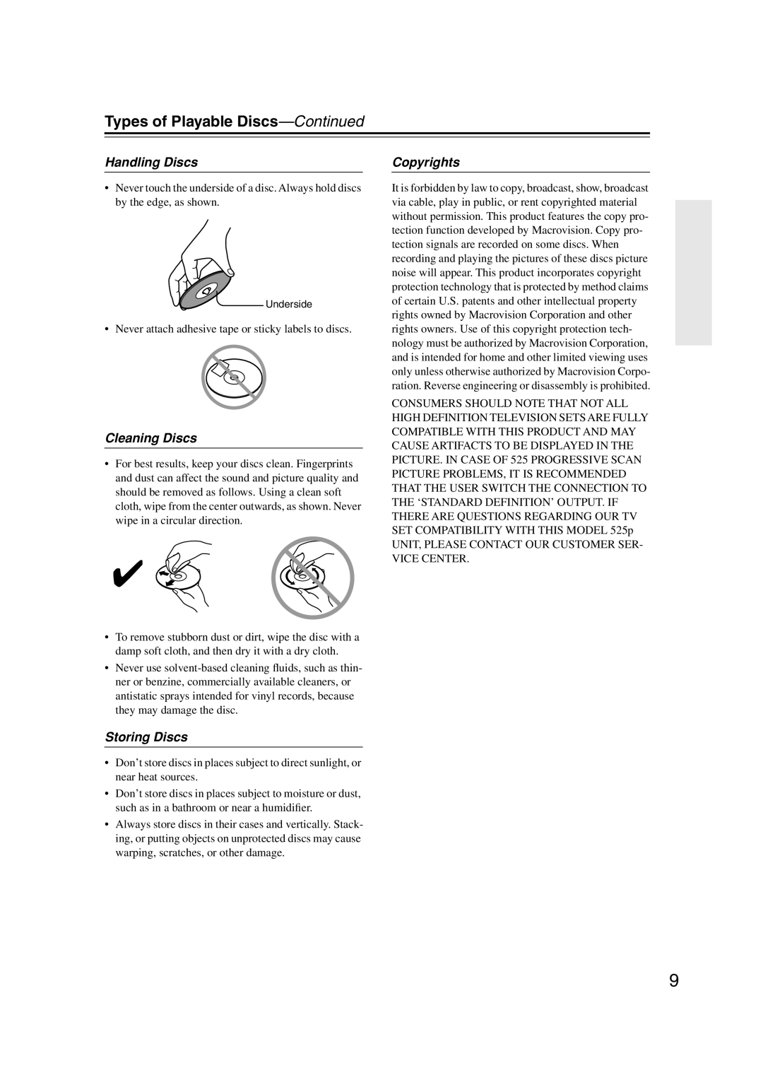 Onkyo DV-SP406, DVSP406B Types of Playable Discs, Handling Discs, Cleaning Discs, Storing Discs, Copyrights 