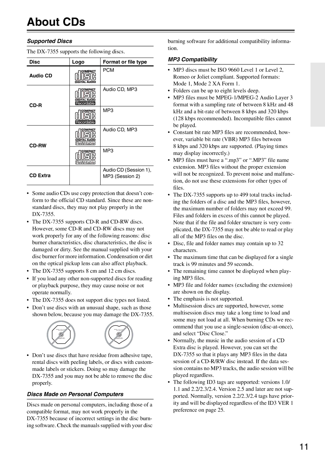 Onkyo DX-7355 instruction manual About CDs, Supported Discs, Discs Made on Personal Computers, MP3 Compatibility 