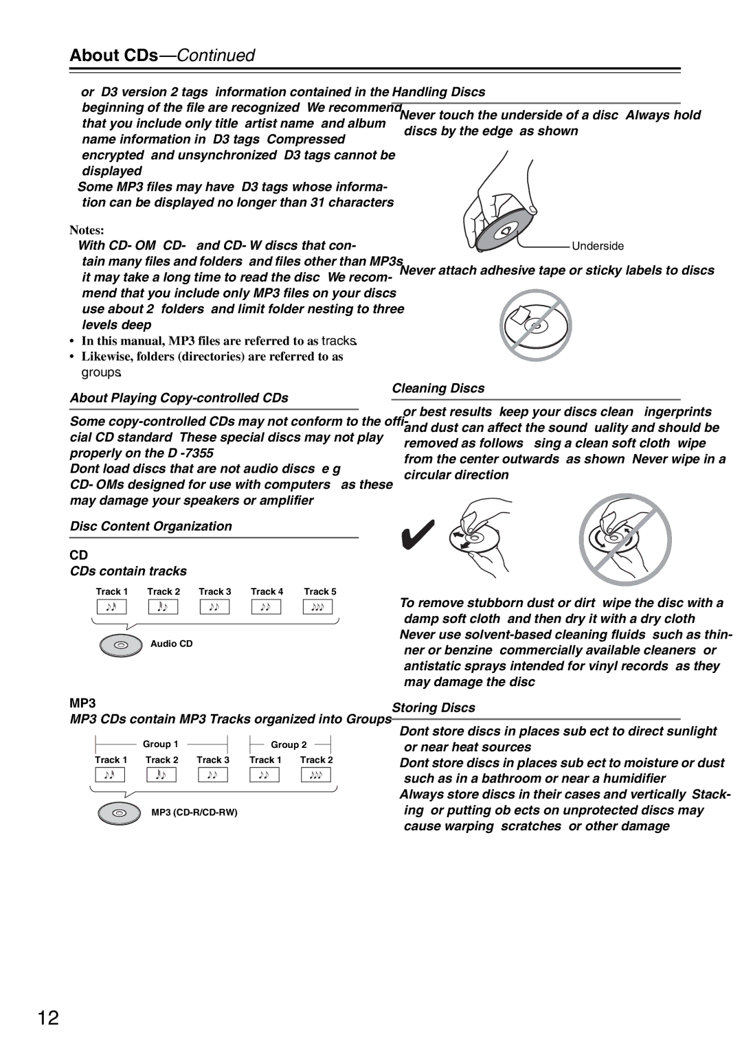 Onkyo DX-7355 About Playing Copy-controlled CDs, Disc Content Organization, Handling Discs, Cleaning Discs, Storing Discs 