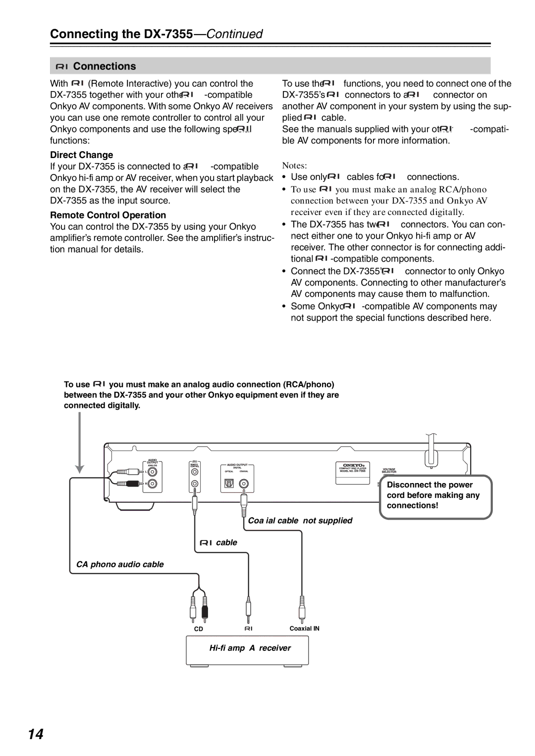 Onkyo instruction manual Connecting the DX-7355, Connections, Direct Change, Remote Control Operation 