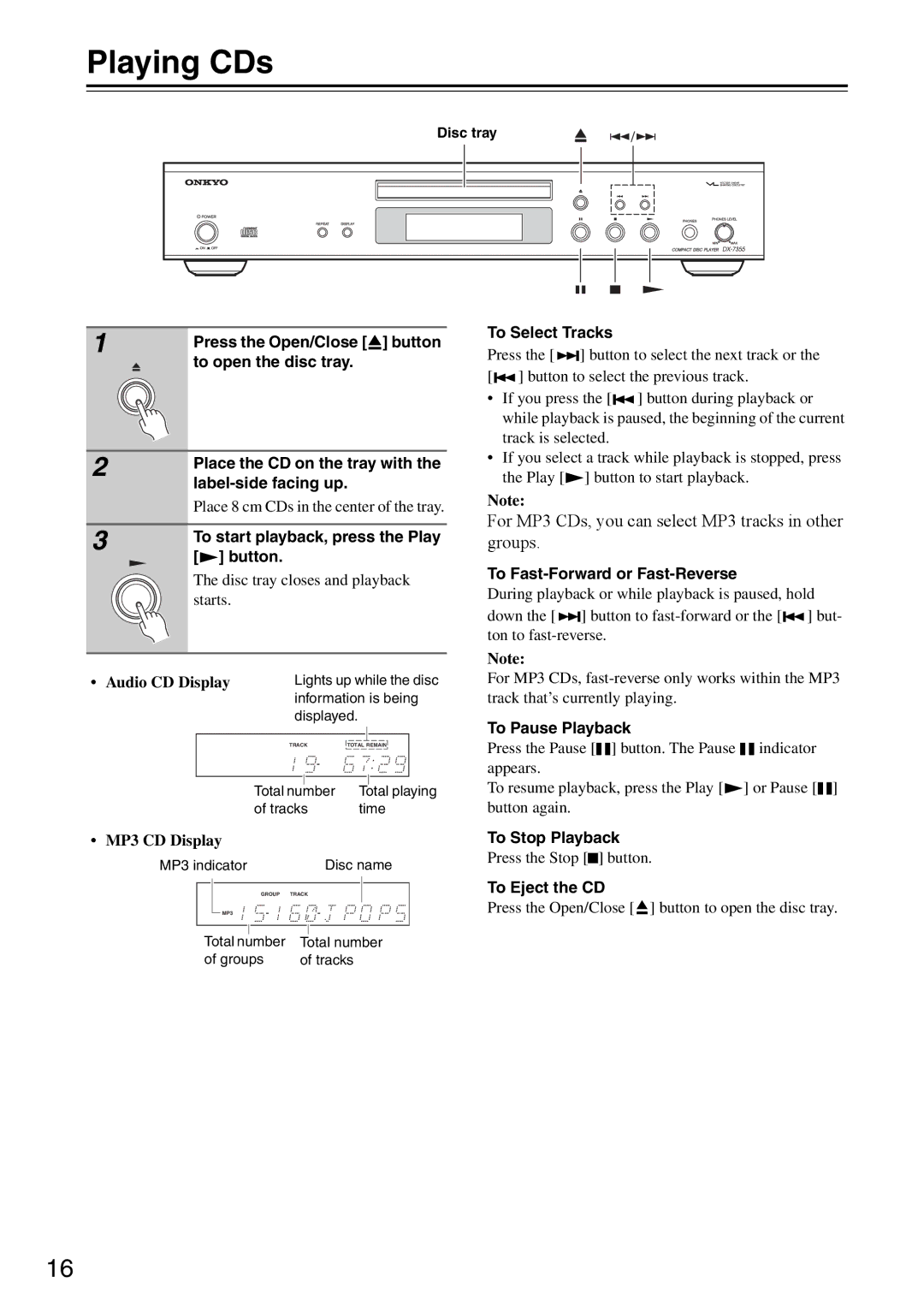 Onkyo DX-7355 instruction manual Playing CDs 