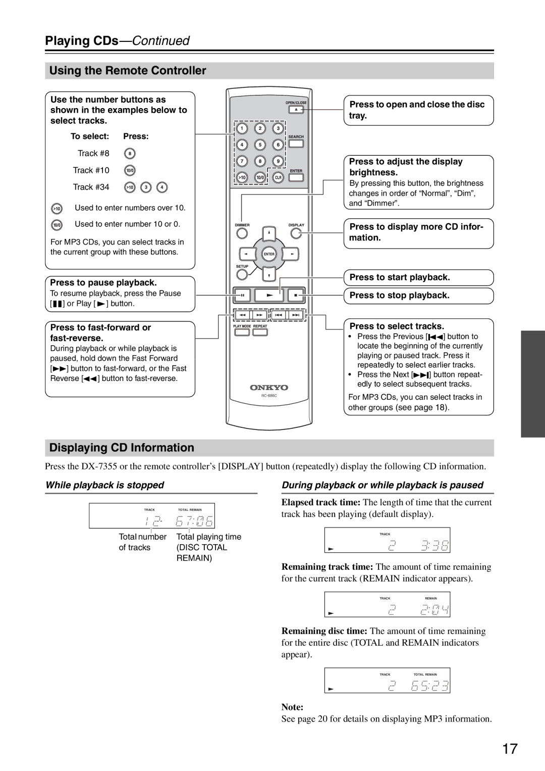 Onkyo DX-7355 Playing CDs, Using the Remote Controller, Displaying CD Information, While playback is stopped 