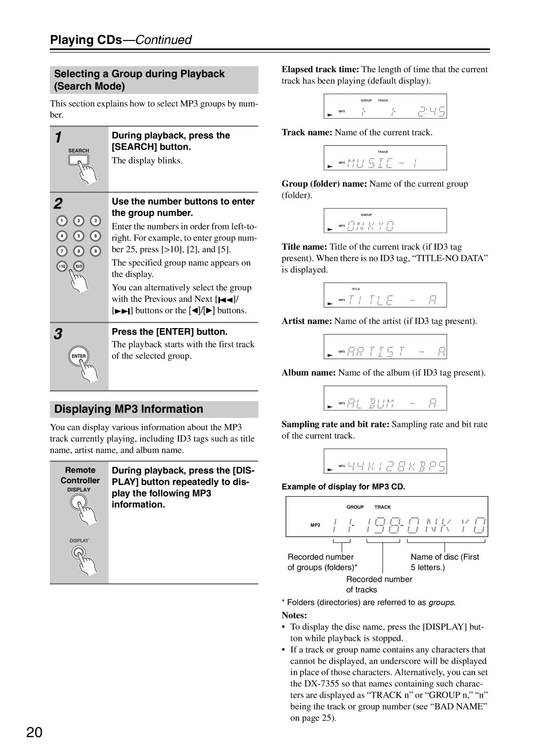 Onkyo DX-7355 Displaying MP3 Information, Selecting a Group during Playback Search Mode, Press the Enter button 