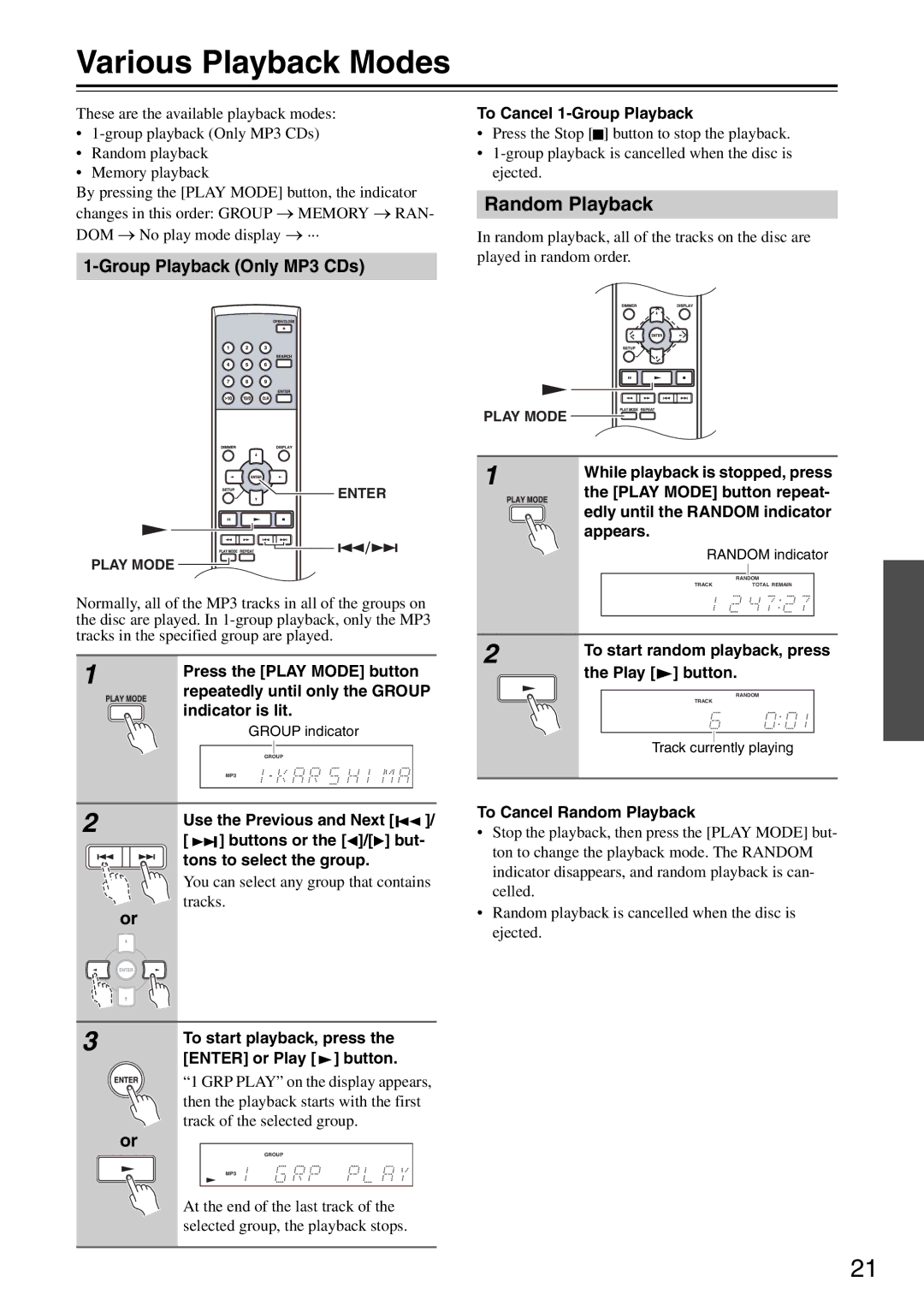 Onkyo DX-7355 instruction manual Various Playback Modes, Random Playback, Group Playback Only MP3 CDs 