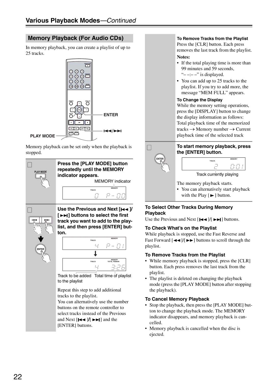 Onkyo DX-7355 instruction manual Various Playback Modes, Memory Playback For Audio CDs 