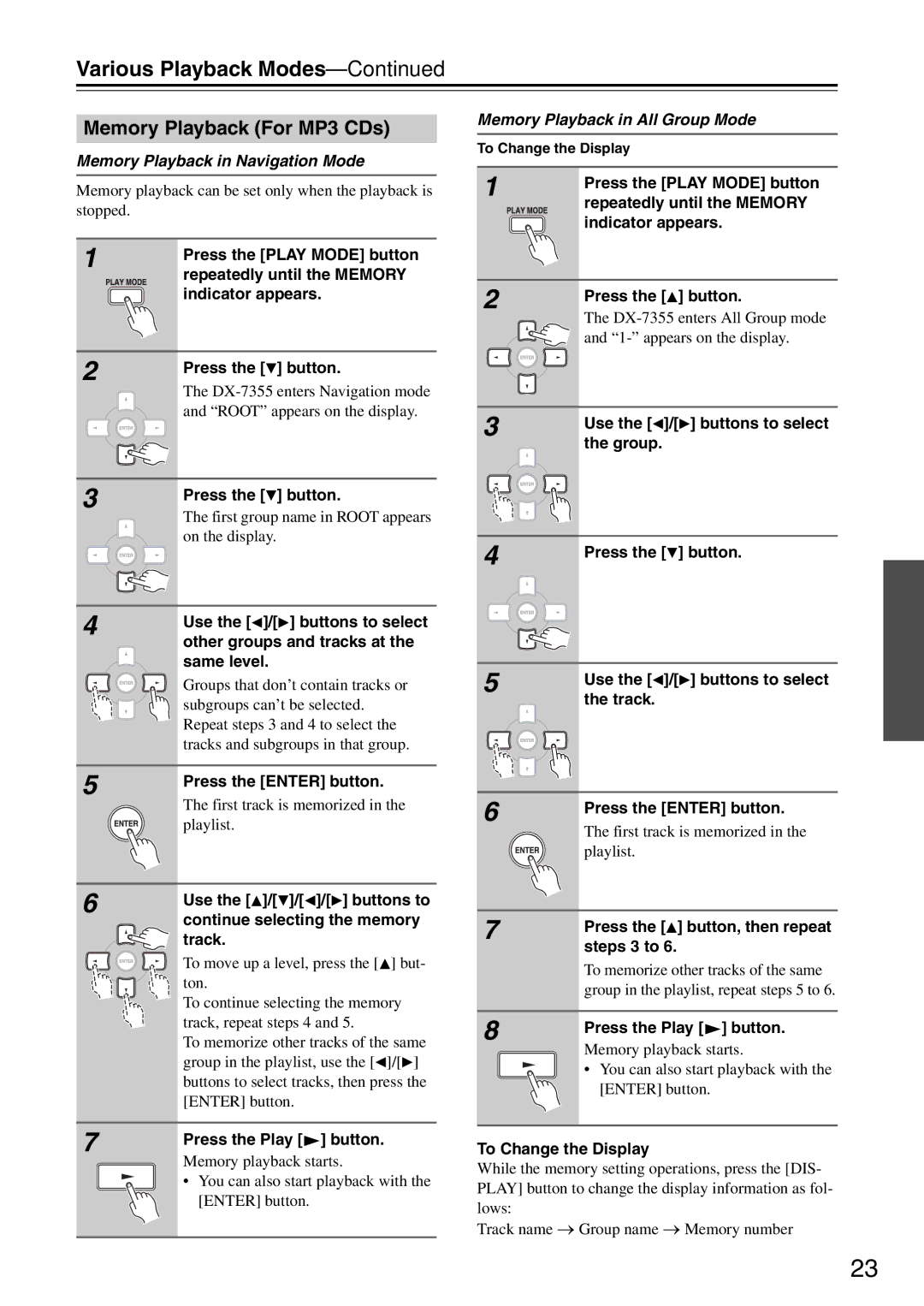 Onkyo DX-7355 Memory Playback For MP3 CDs, Memory Playback in Navigation Mode, Memory Playback in All Group Mode 