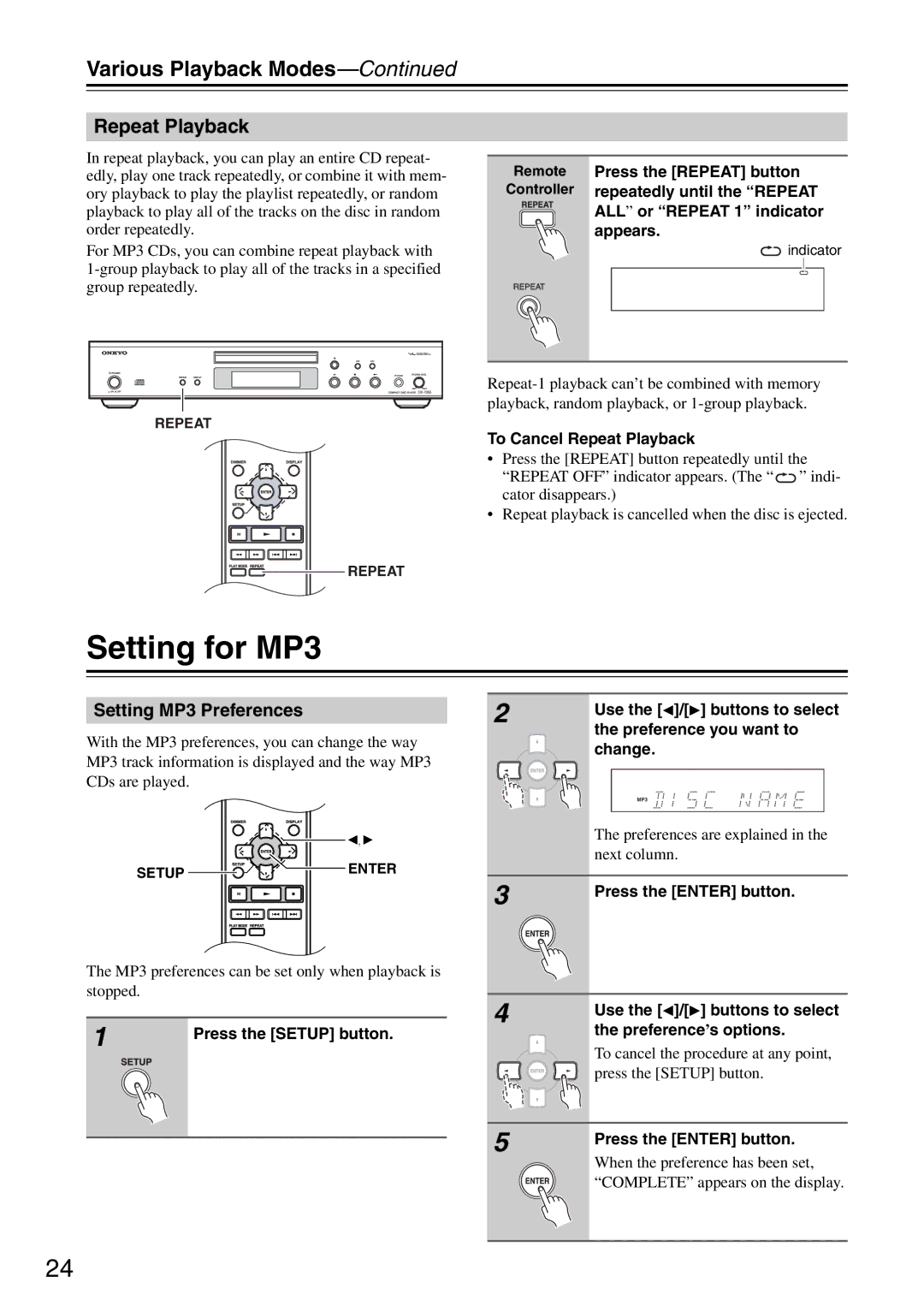 Onkyo DX-7355 instruction manual Setting for MP3, Setting MP3 Preferences, To Cancel Repeat Playback 