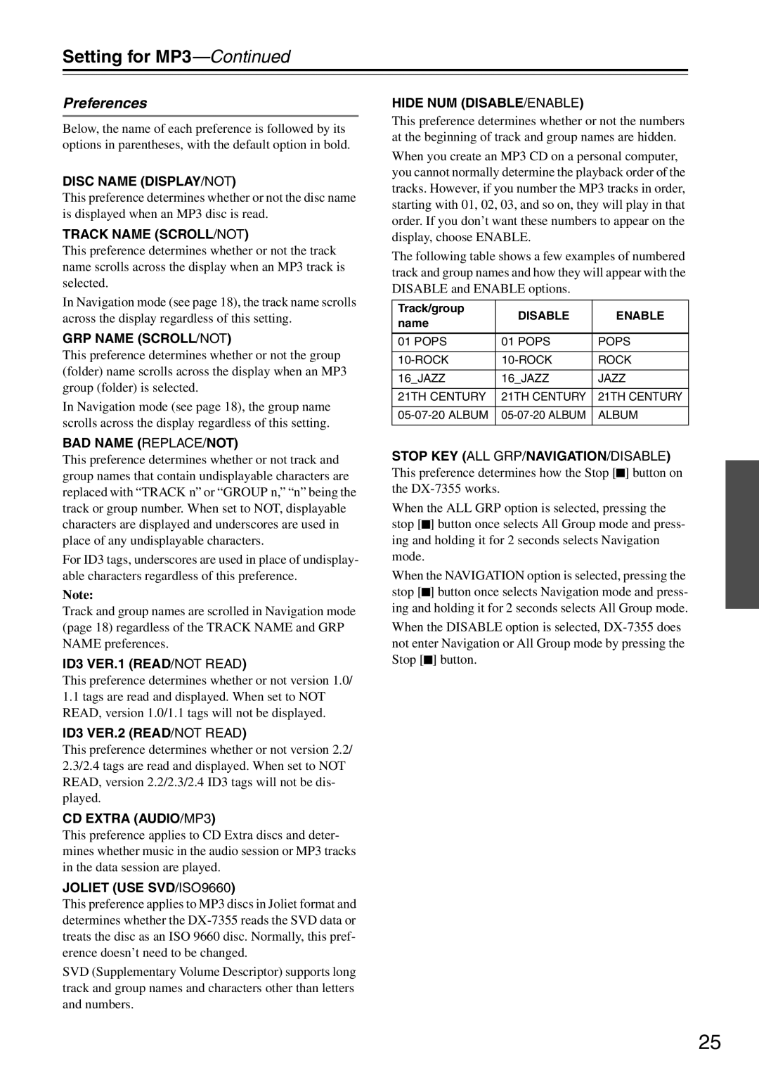 Onkyo DX-7355 instruction manual Setting for MP3, Preferences 