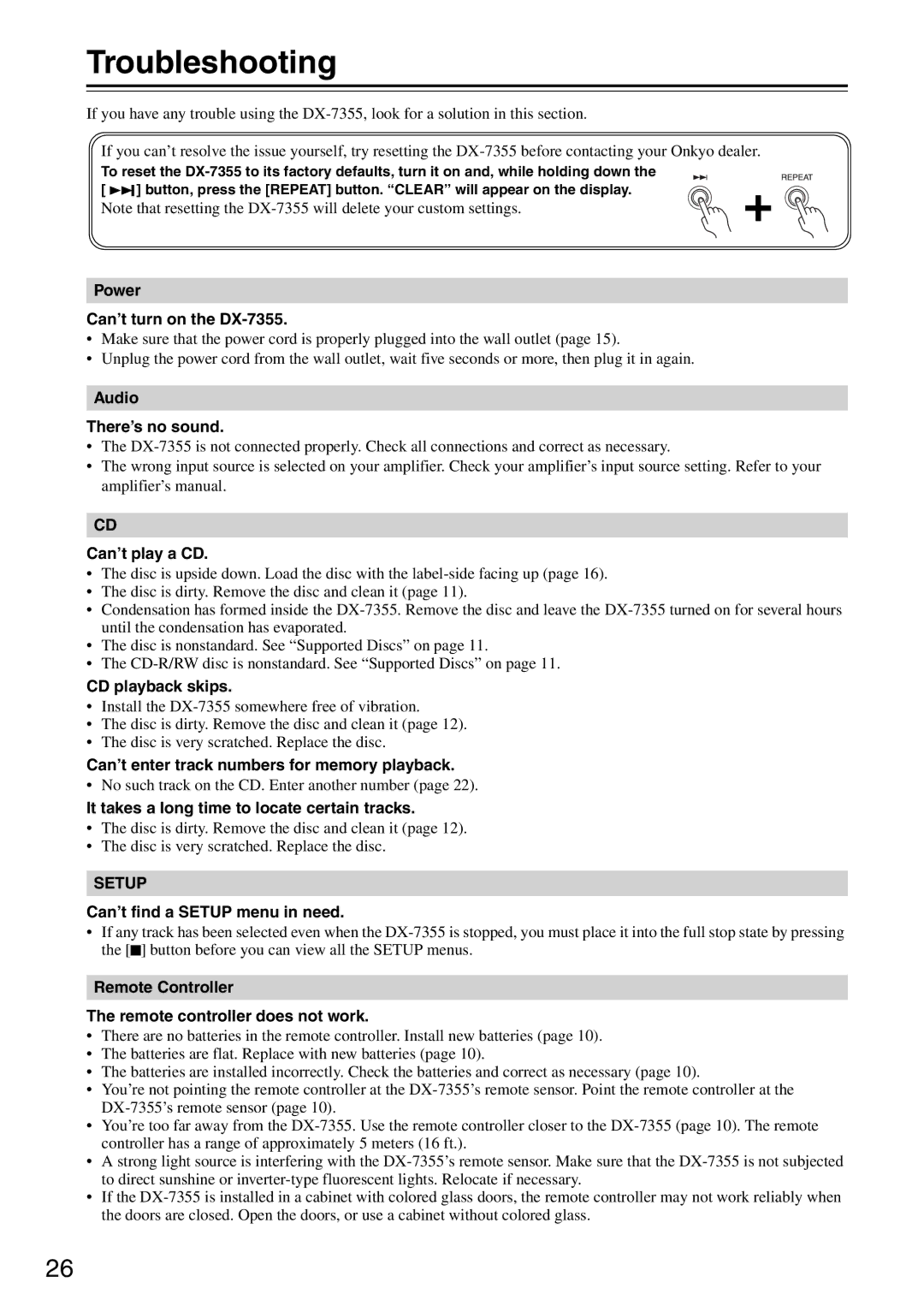 Onkyo DX-7355 instruction manual Troubleshooting 