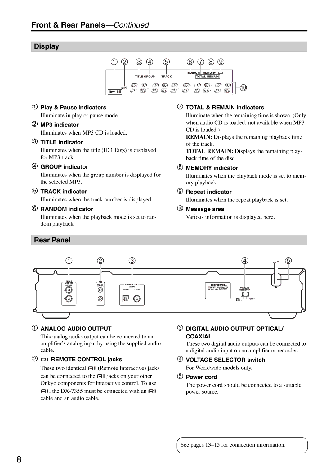 Onkyo DX-7355 instruction manual Front & Rear Panels, Display 