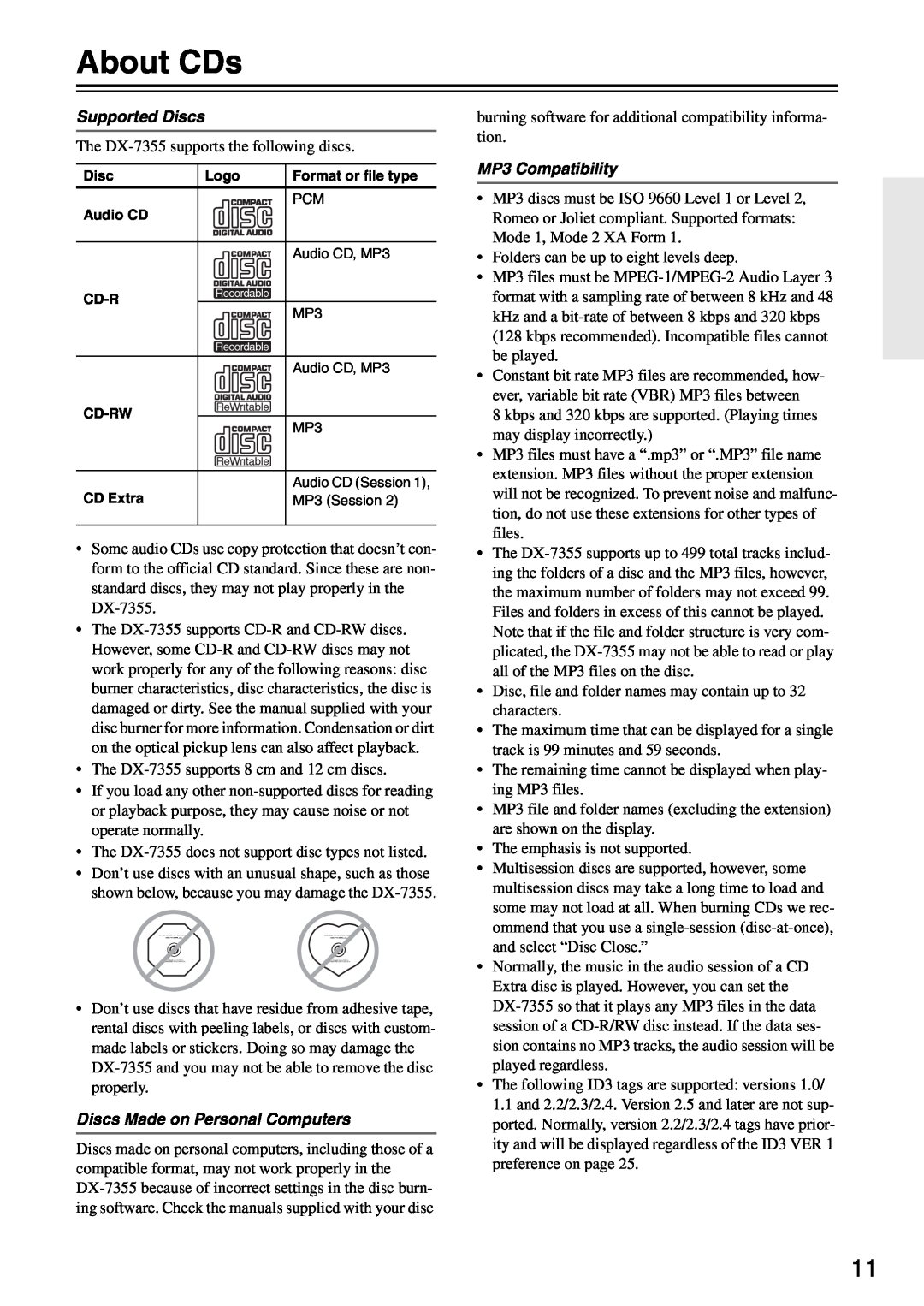 Onkyo DX-7355 instruction manual About CDs, Supported Discs, Discs Made on Personal Computers, MP3 Compatibility 
