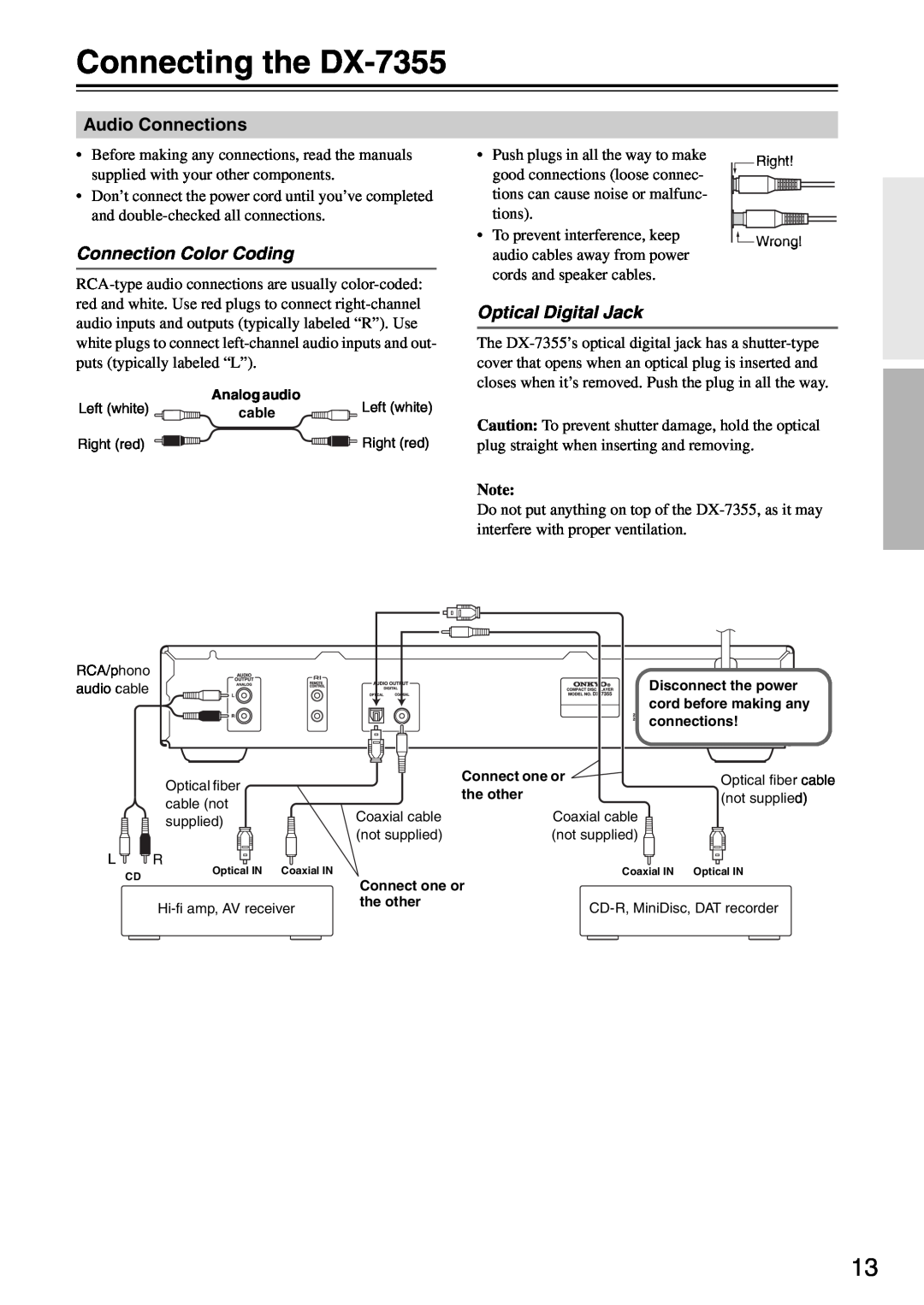 Onkyo instruction manual Connecting the DX-7355, Connection Color Coding, Optical Digital Jack, Audio Connections 