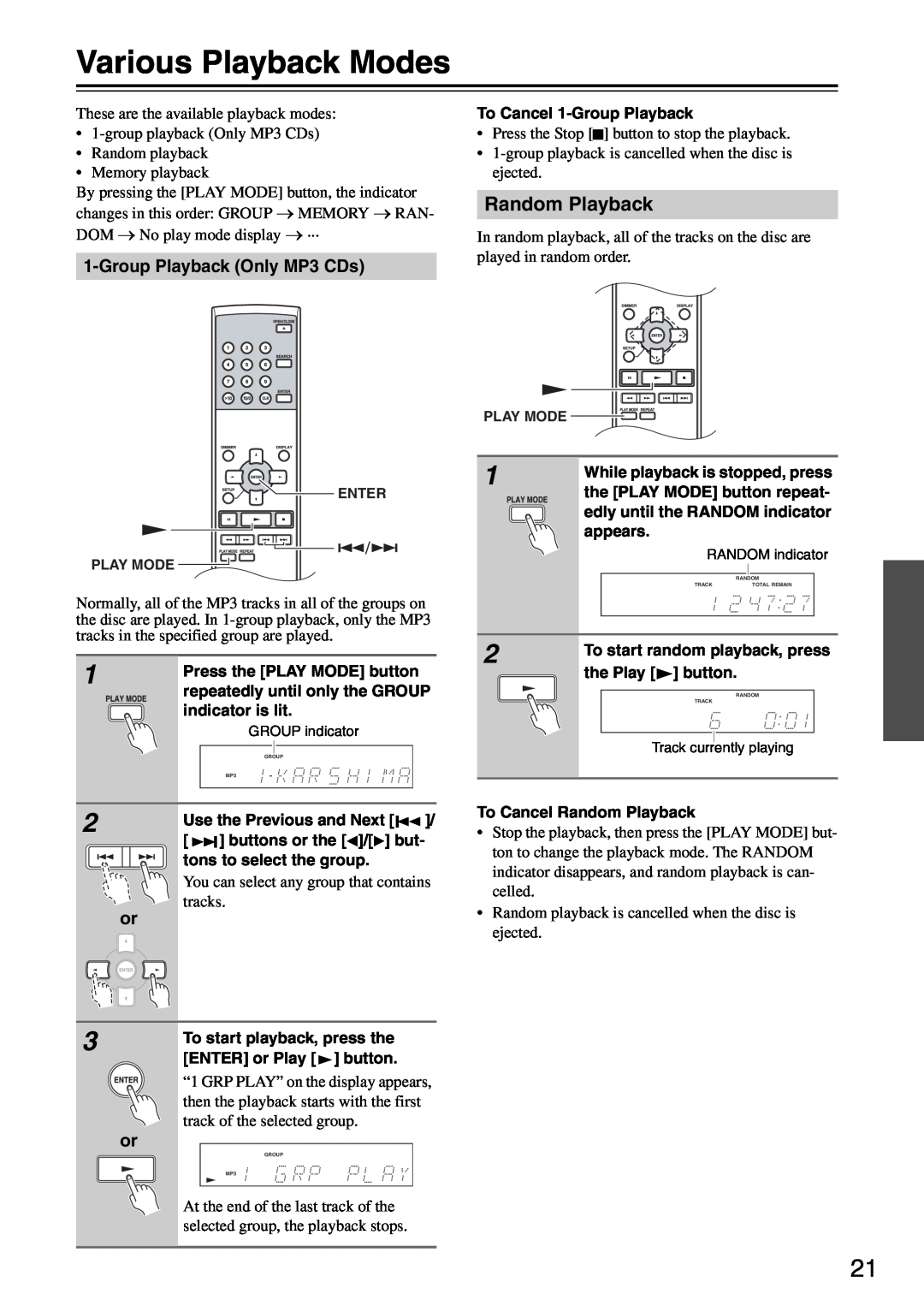 Onkyo DX-7355 instruction manual Various Playback Modes, Random Playback 