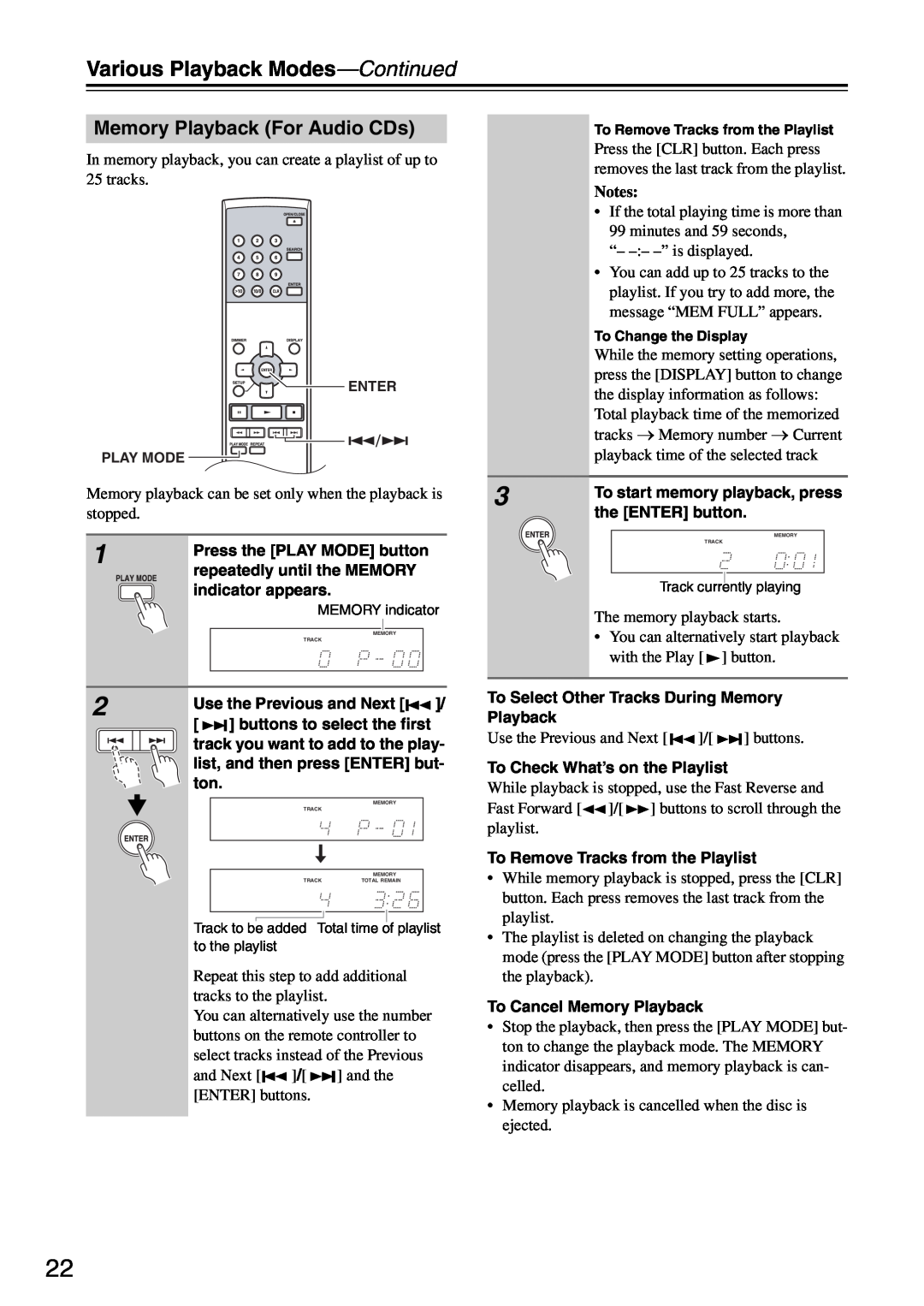 Onkyo DX-7355 instruction manual Various Playback Modes-Continued, Memory Playback For Audio CDs 