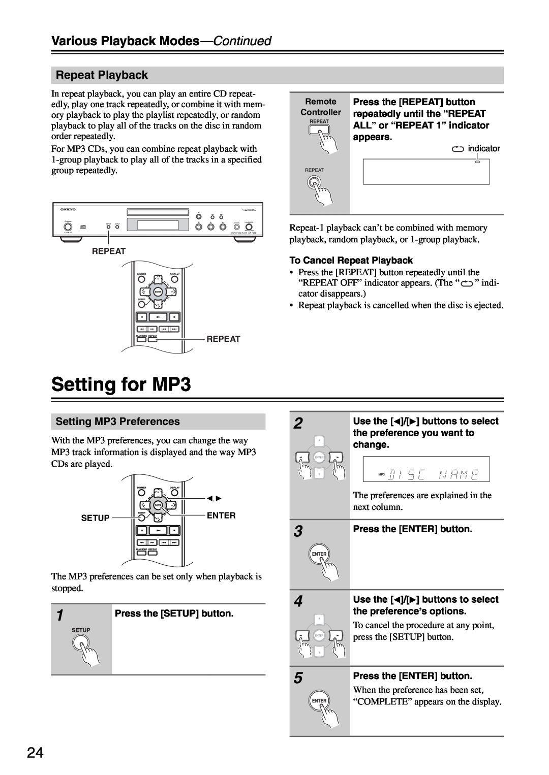 Onkyo DX-7355 instruction manual Setting for MP3, Repeat Playback, Various Playback Modes-Continued 