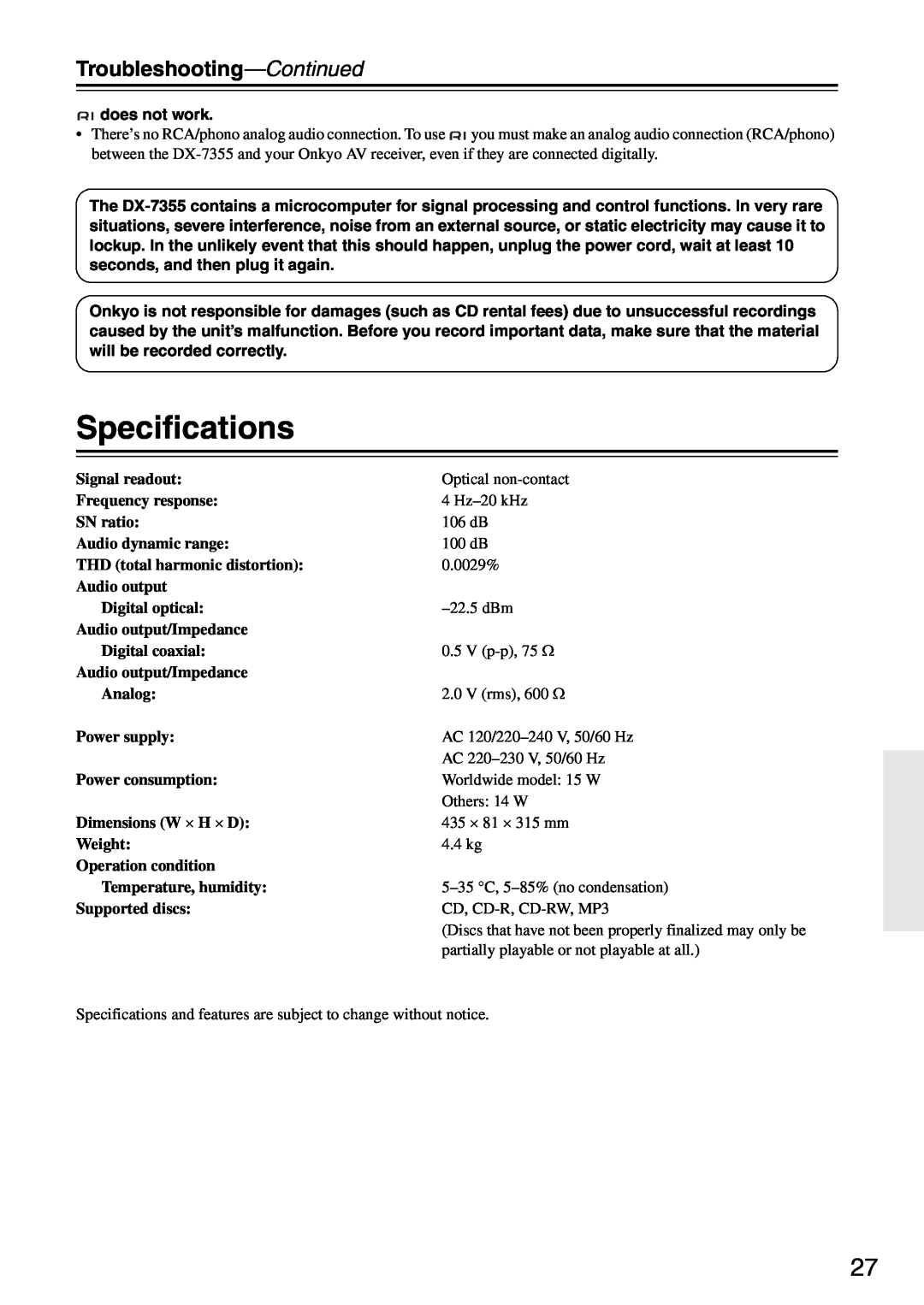 Onkyo DX-7355 instruction manual Specifications, Troubleshooting-Continued 
