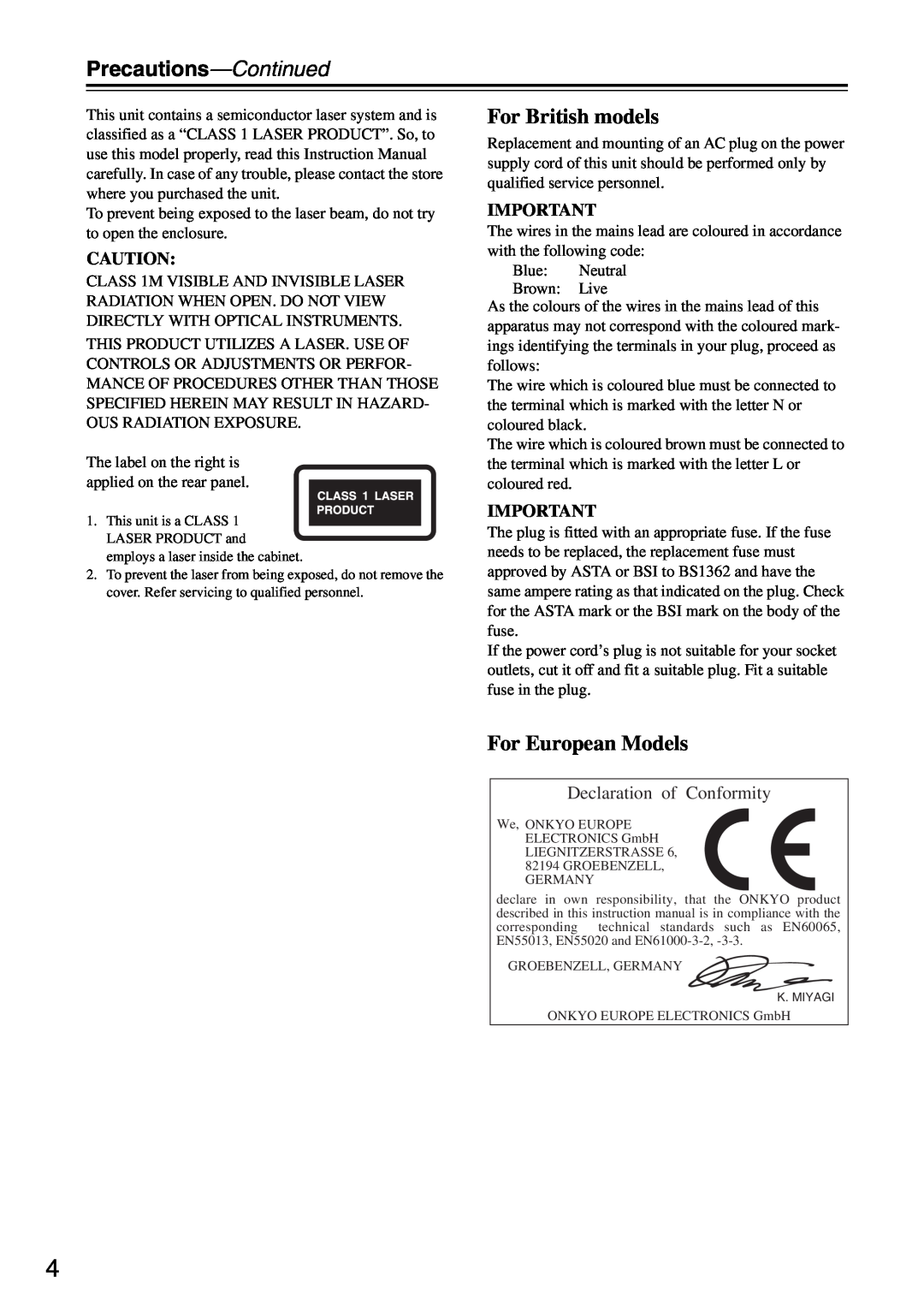 Onkyo DX-7355 instruction manual Precautions-Continued, For British models, For European Models, Declaration of Conformity 