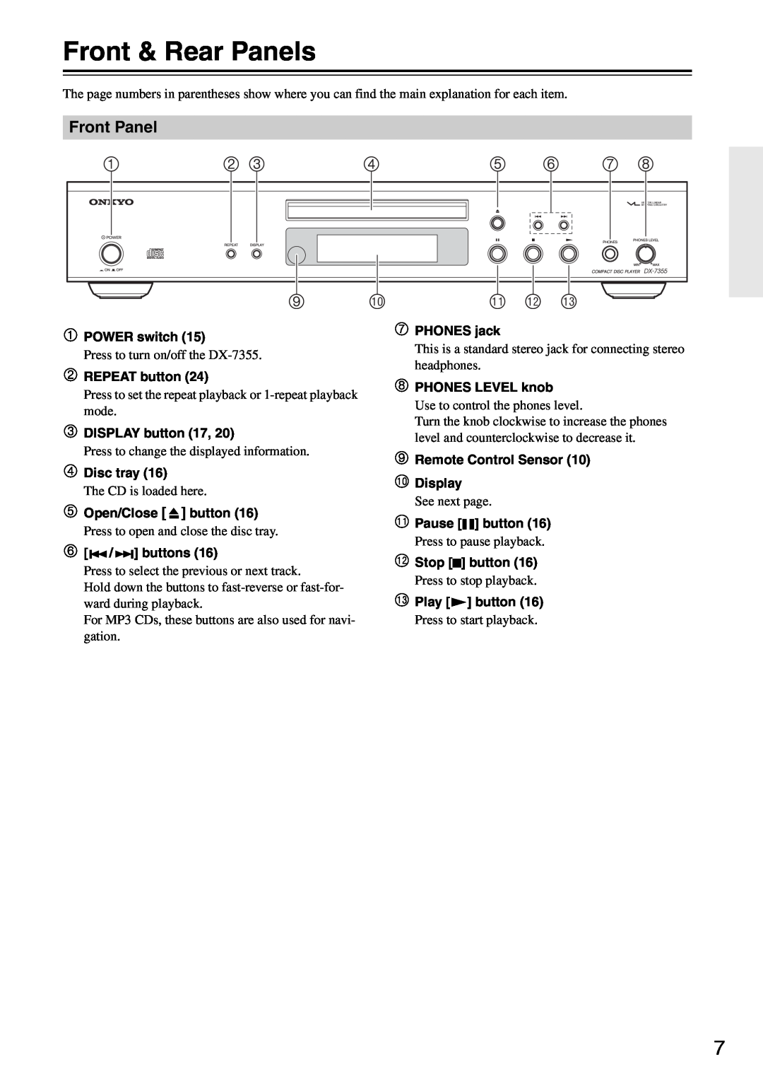 Onkyo DX-7355 instruction manual Front & Rear Panels, Front Panel 