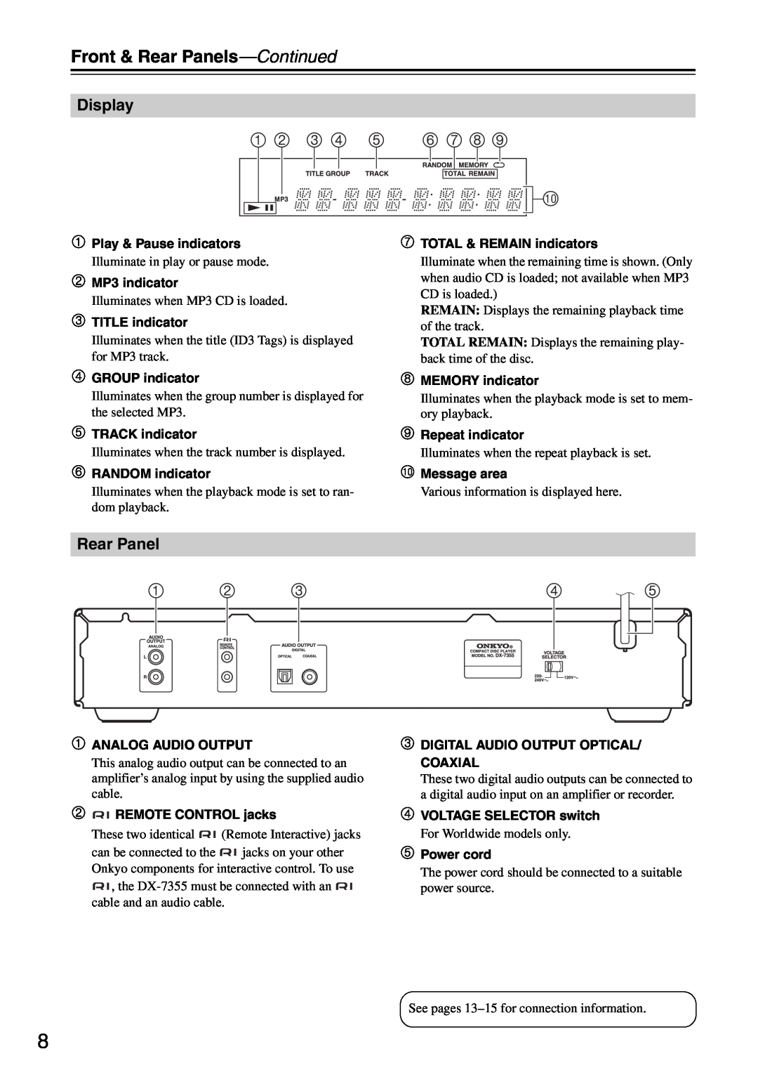 Onkyo DX-7355 instruction manual     , Front & Rear Panels-Continued, Display 