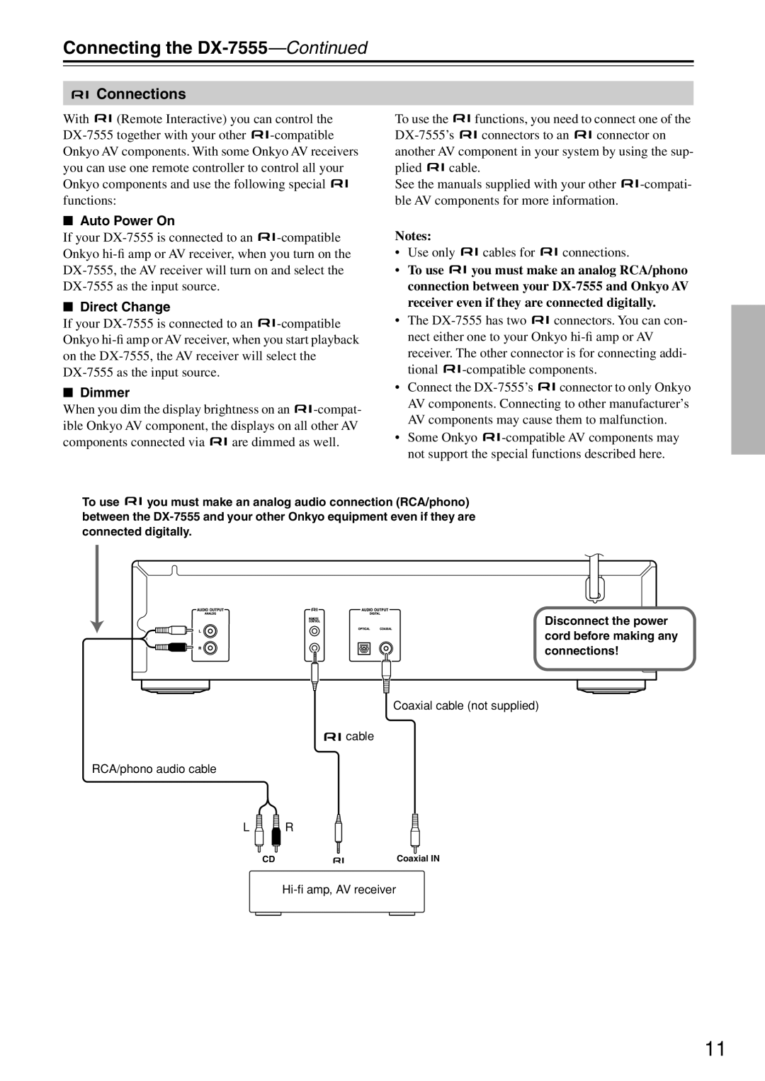 Onkyo instruction manual Connecting the DX-7555, Connections, Auto Power On, Direct Change, Dimmer 