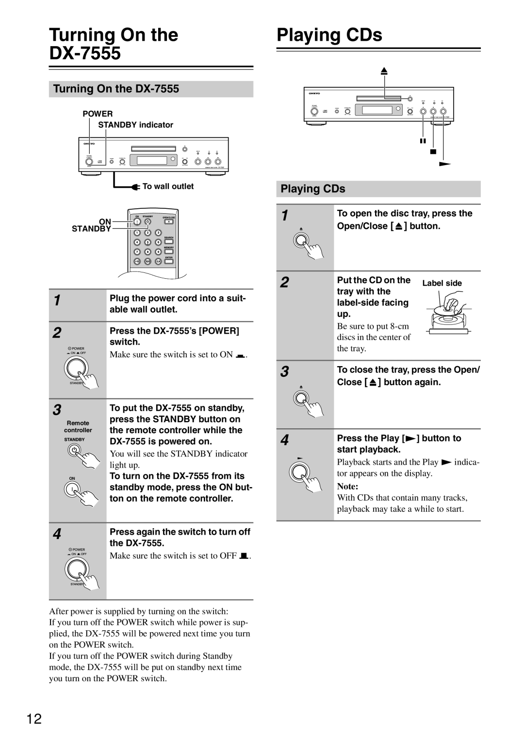 Onkyo instruction manual Turning On DX-7555, Playing CDs, Turning On the DX-7555 