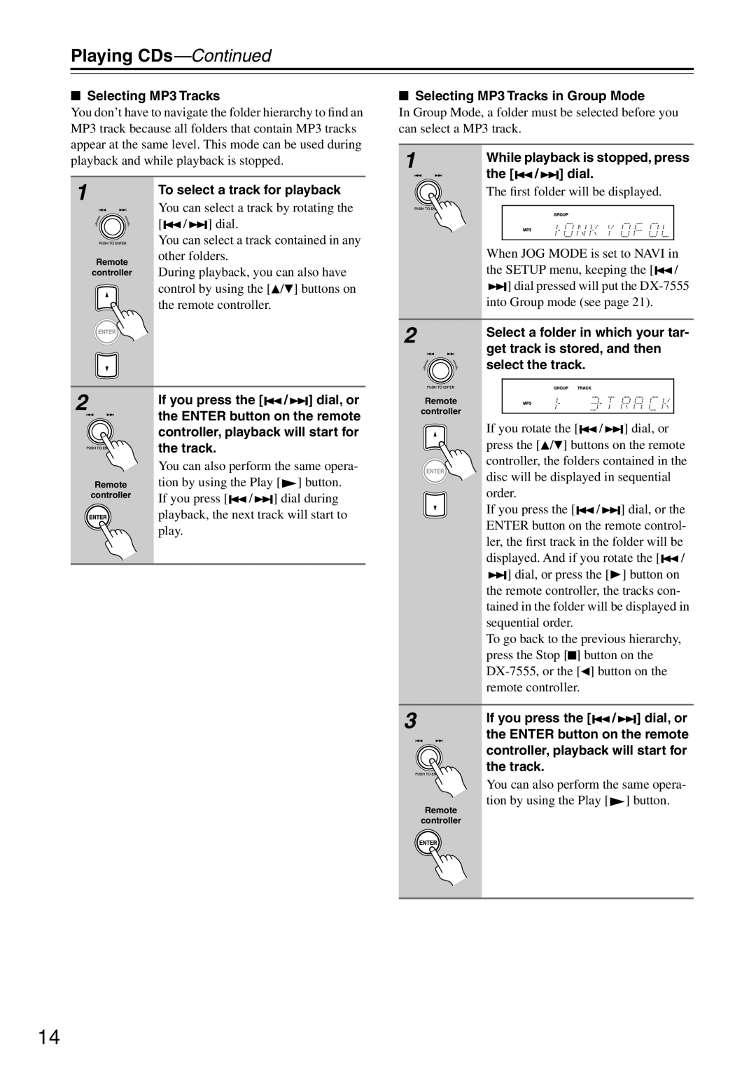 Onkyo DX-7555 Selecting MP3 Tracks in Group Mode, To select a track for playback, Select a folder in which your tar 