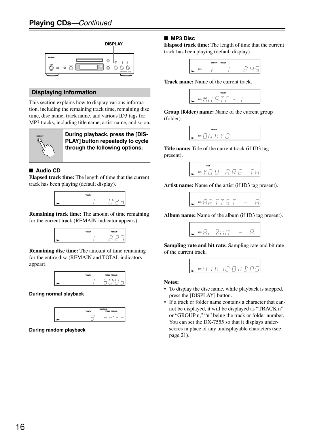 Onkyo DX-7555 instruction manual Displaying Information, MP3 Disc, Group folder name Name of the current group folder 