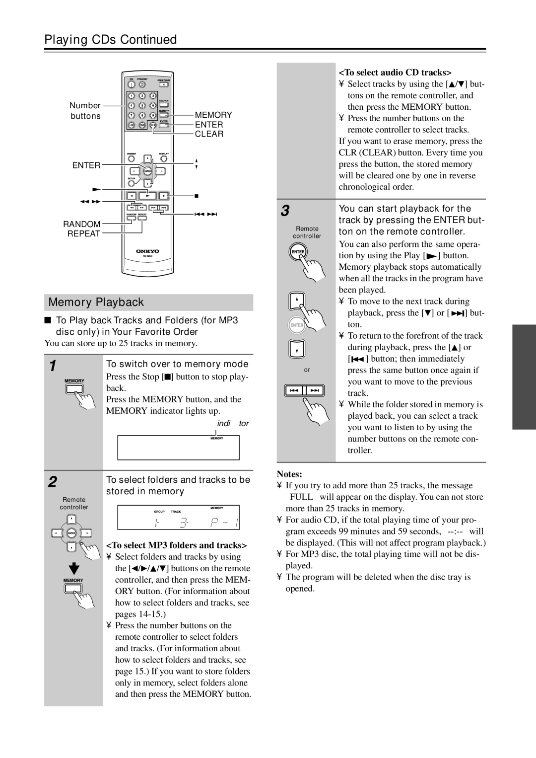 Onkyo DX-7555 Memory Playback, To select audio CD tracks, To switch over to memory mode, Stored in memory 