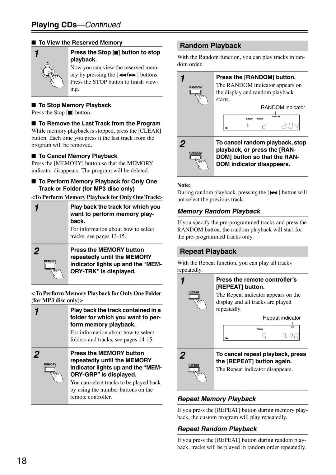 Onkyo DX-7555 instruction manual Random Playback, Repeat Playback 