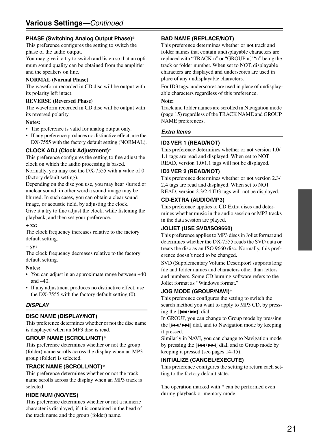 Onkyo DX-7555 instruction manual Normal Normal Phase, Reverse Reversed Phase, Clock ADJ Clock Adjustment 