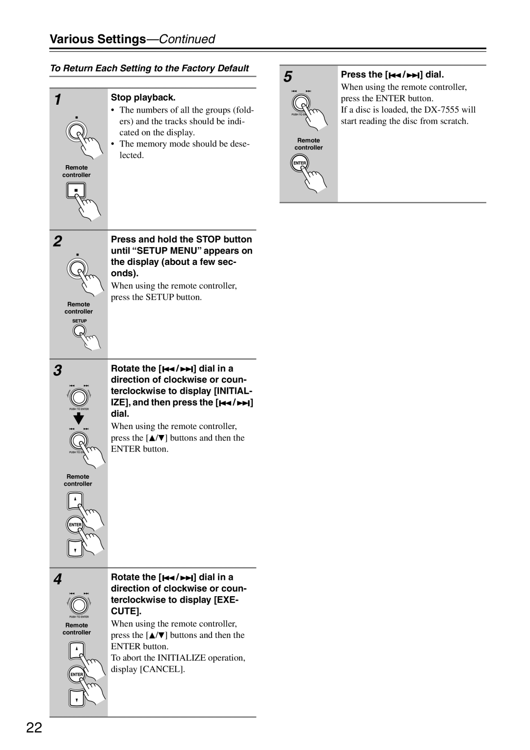 Onkyo DX-7555 instruction manual To Return Each Setting to the Factory Default 