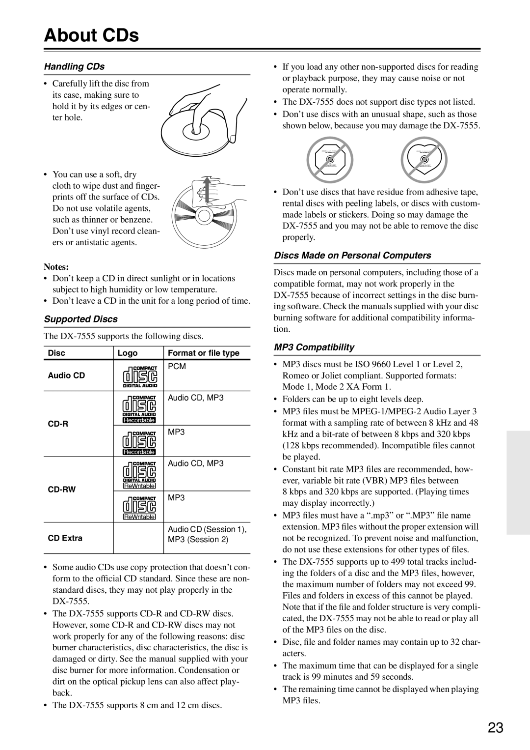 Onkyo DX-7555 instruction manual About CDs, Handling CDs 