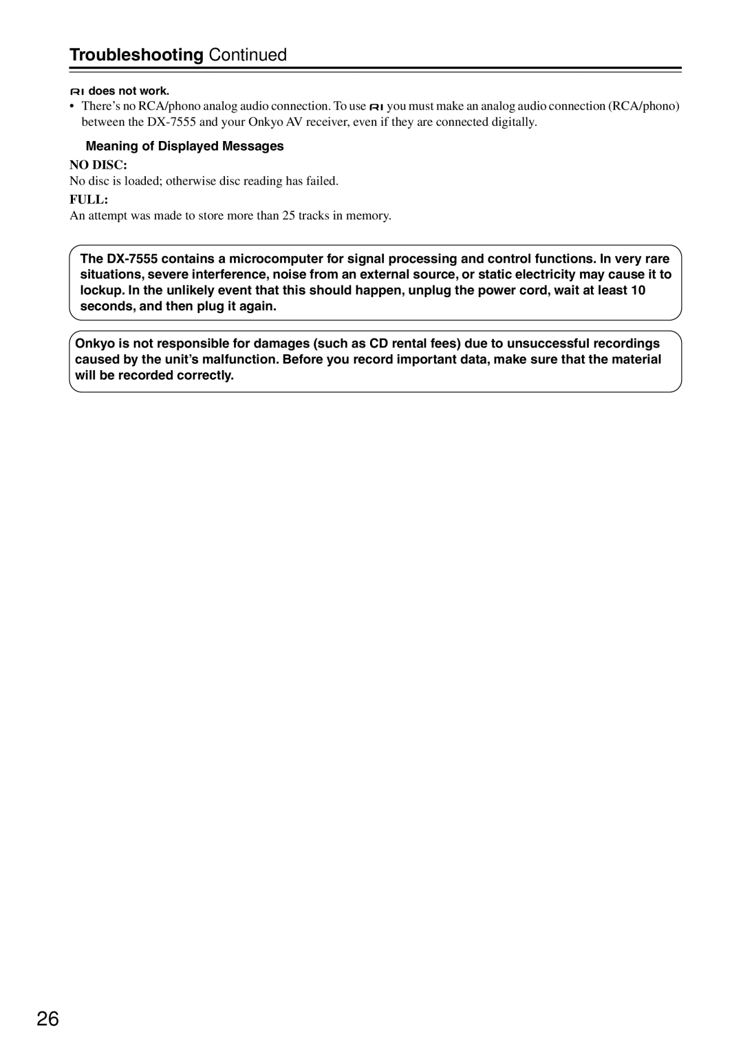 Onkyo DX-7555 instruction manual Troubleshooting, Meaning of Displayed Messages 