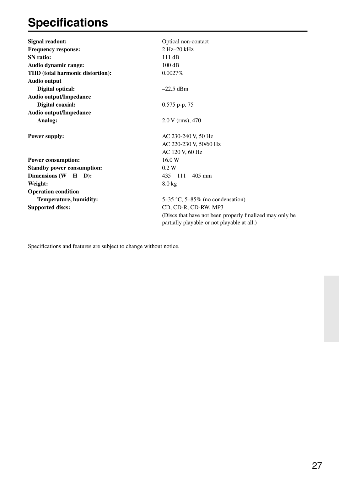 Onkyo DX-7555 instruction manual Speciﬁcations 