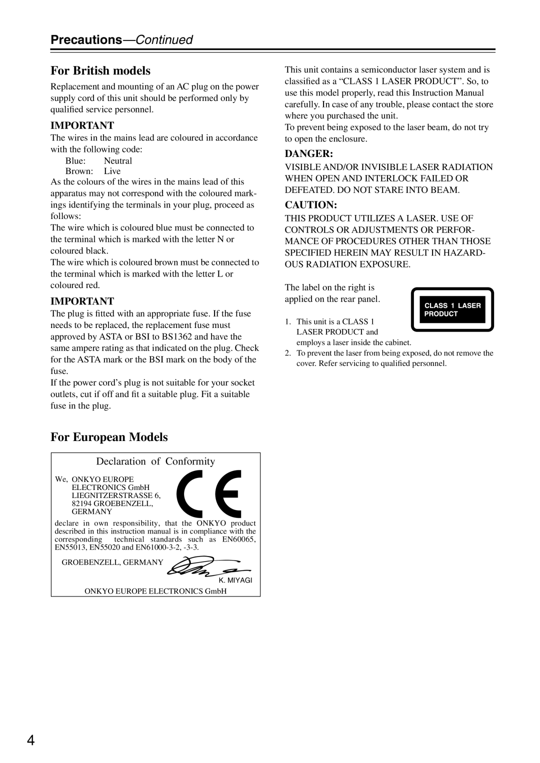 Onkyo DX-7555 instruction manual Precautions, For British models 