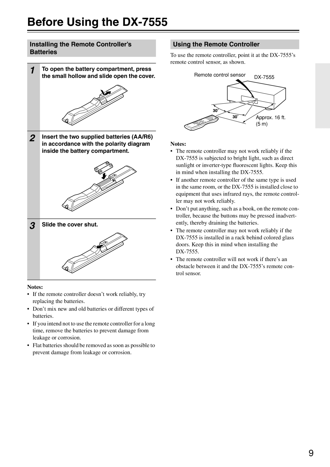 Onkyo Before Using the DX-7555, Installing the Remote Controller’s Batteries, Using the Remote Controller 