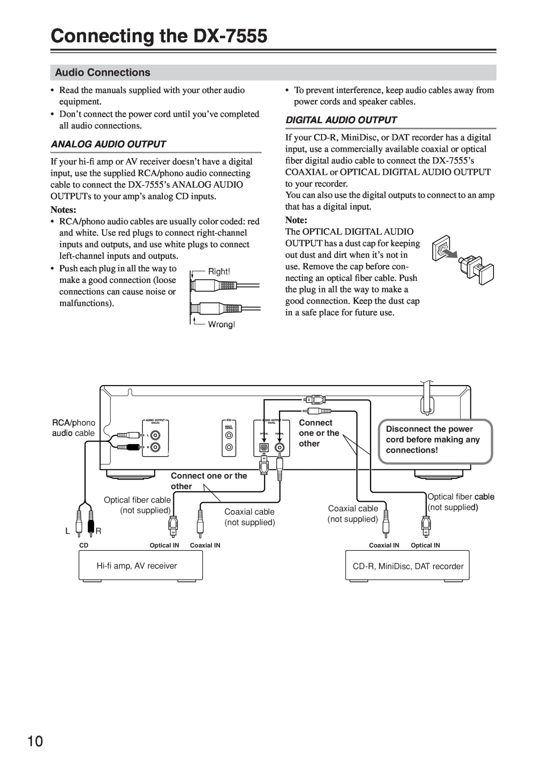 Onkyo instruction manual Connecting the DX-7555, Audio Connections, Analog Audio Output, Digital Audio Output 