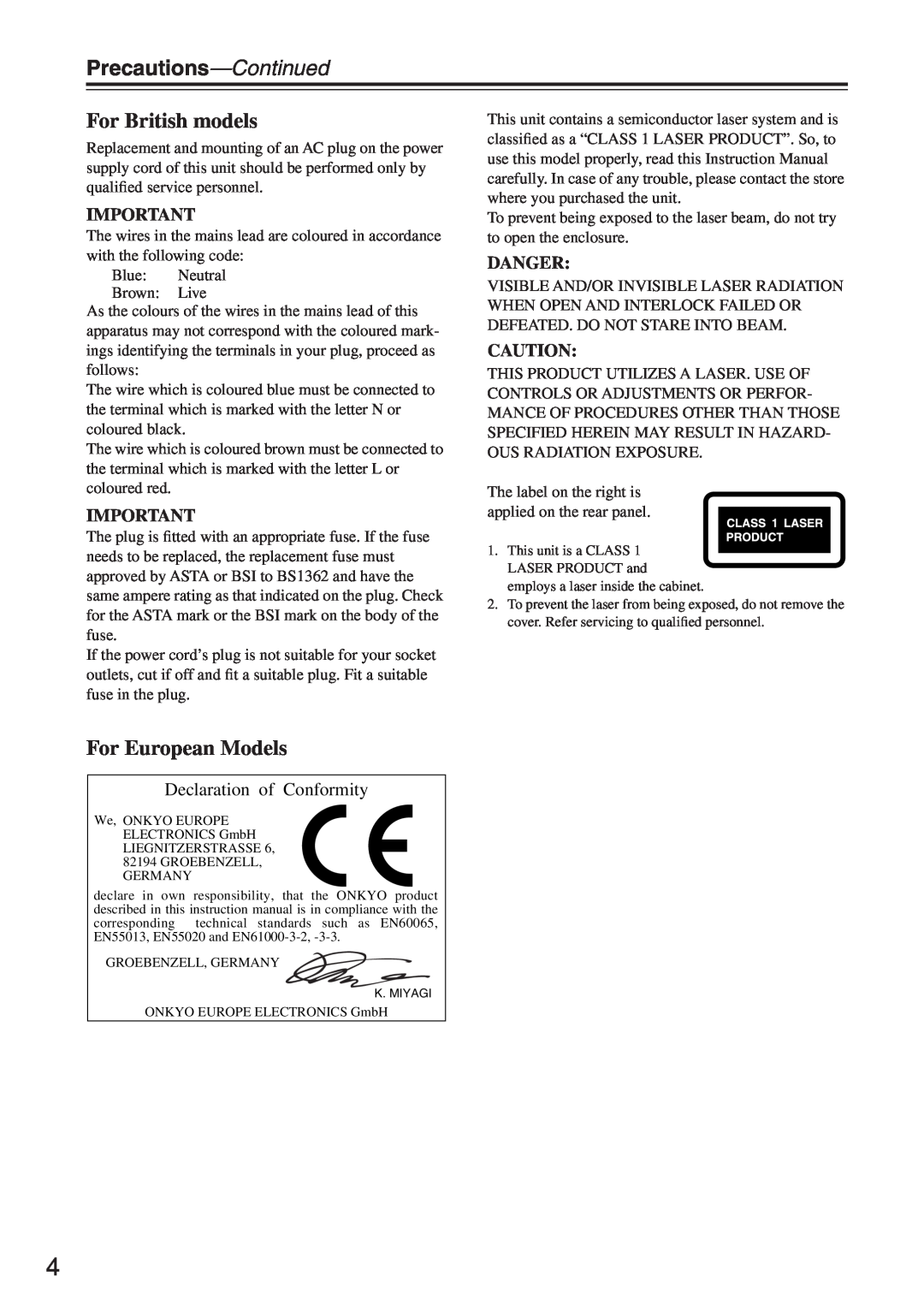 Onkyo DX-7555 Precautions-Continued, For British models, For European Models, Declaration of Conformity, Danger 