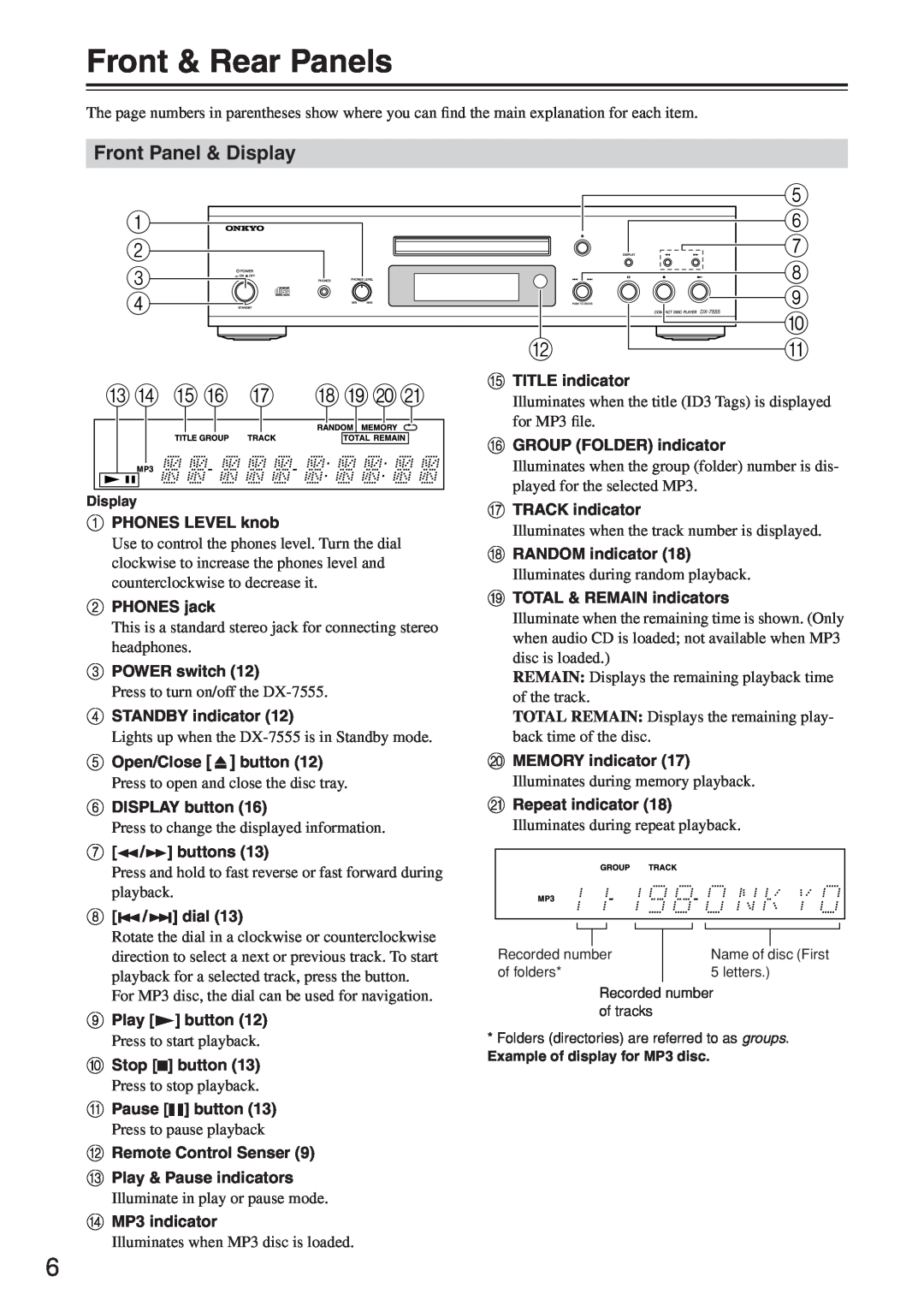 Onkyo DX-7555 instruction manual Front & Rear Panels 