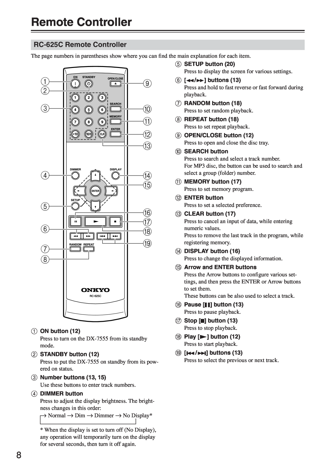 Onkyo DX-7555 instruction manual Remote Controller 