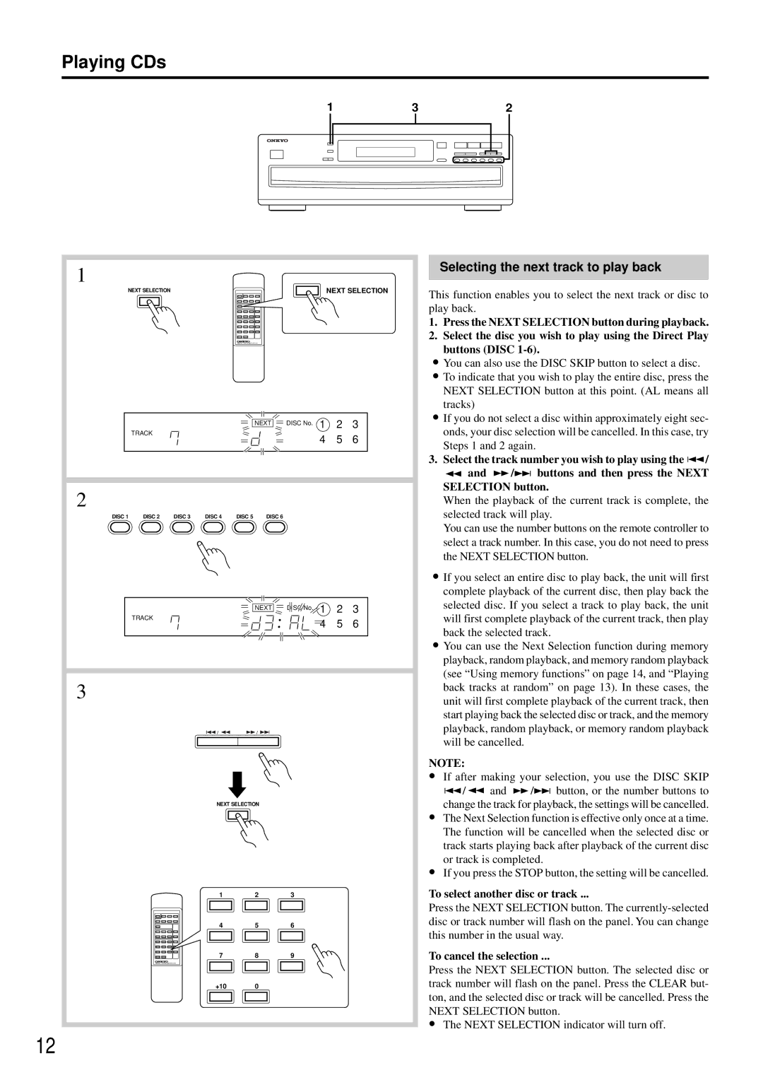 Onkyo DX-C370 Selecting the next track to play back, To select another disc or track, To cancel the selection 